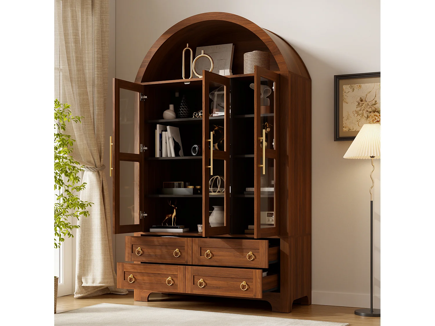 Buffet moderne 110x40x185 cm - 3 portes, 4 tiroirs et étagères cintrées ouvertes - Panneaux de particules + MDF - Marron