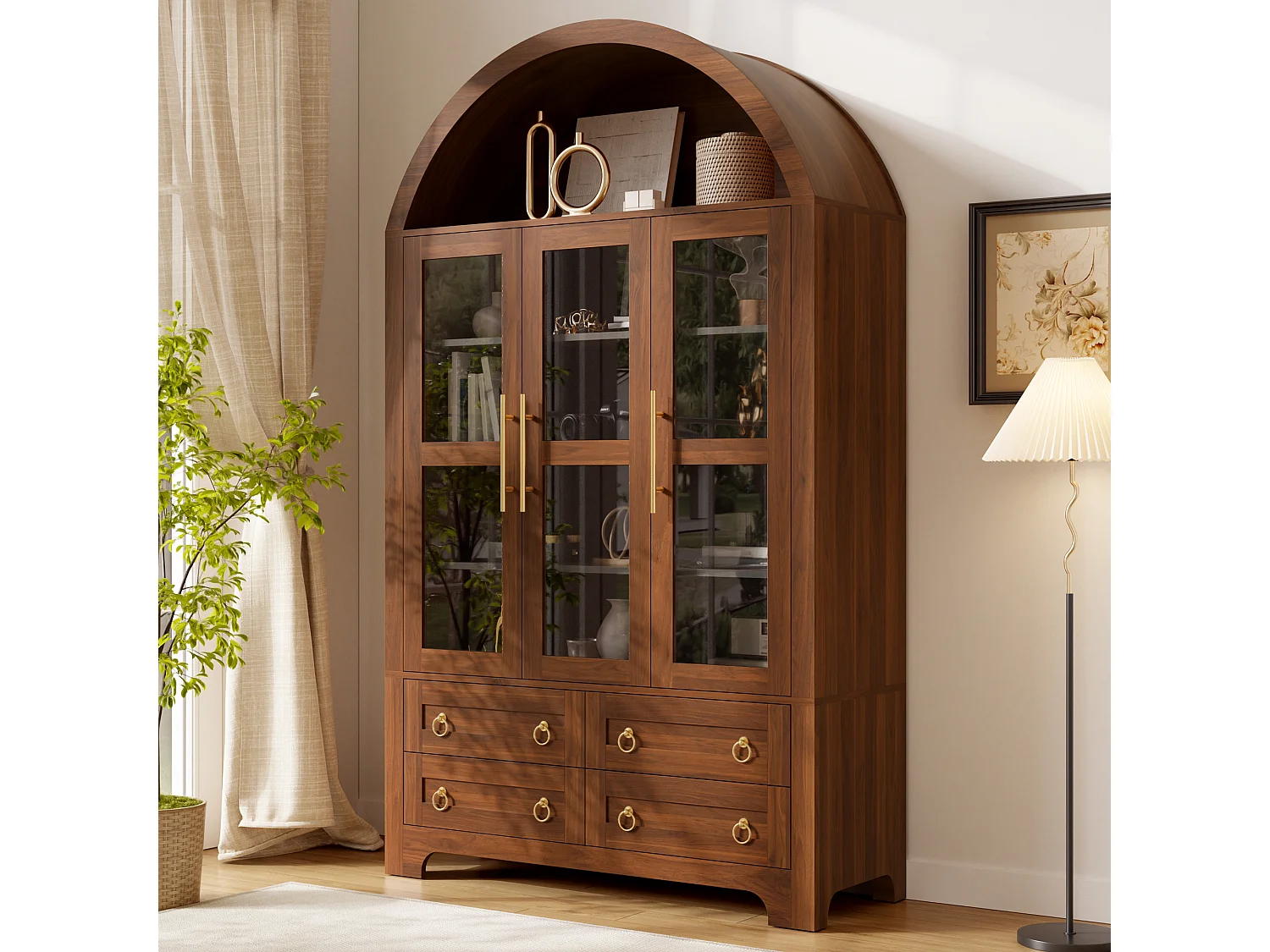 Buffet moderne 110x40x185 cm - 3 portes, 4 tiroirs et étagères cintrées ouvertes - Panneaux de particules + MDF - Marron