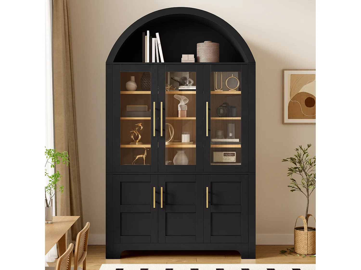 Buffet moderne à arc 110x40x185 cm - 3 portes vitrées , 3 compartiments de rangement et étagères réglables - MDF - Noir