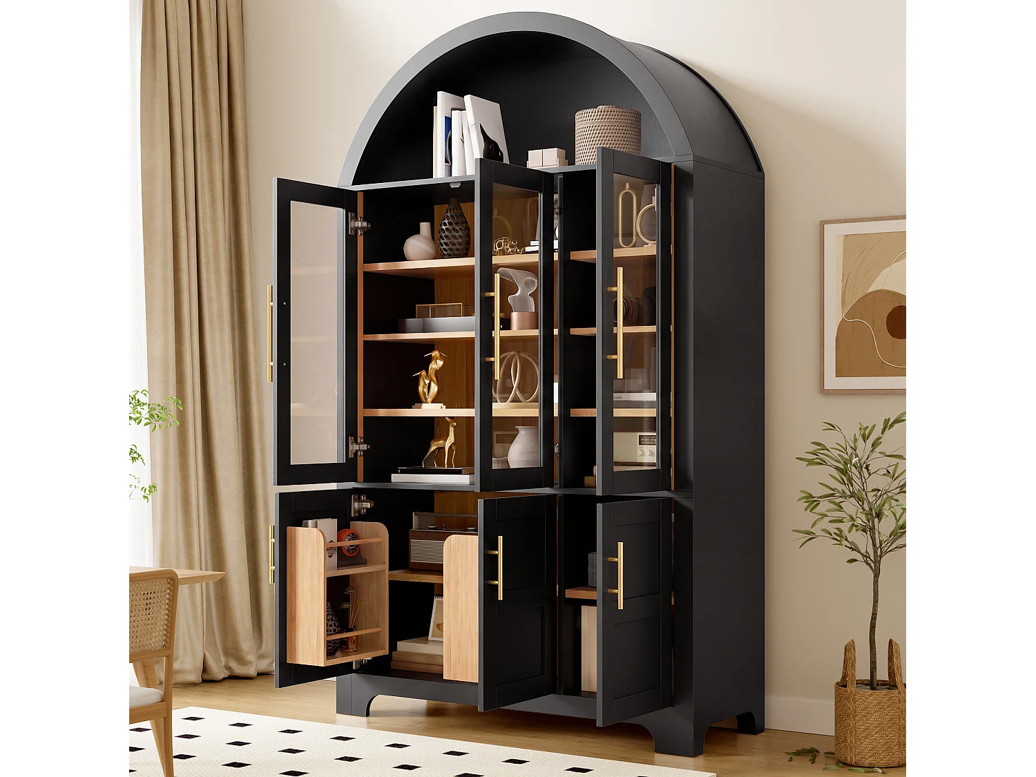 Buffet moderne à arc 110x40x185 cm - 3 portes vitrées , 3 compartiments de rangement et étagères réglables - MDF - Noir