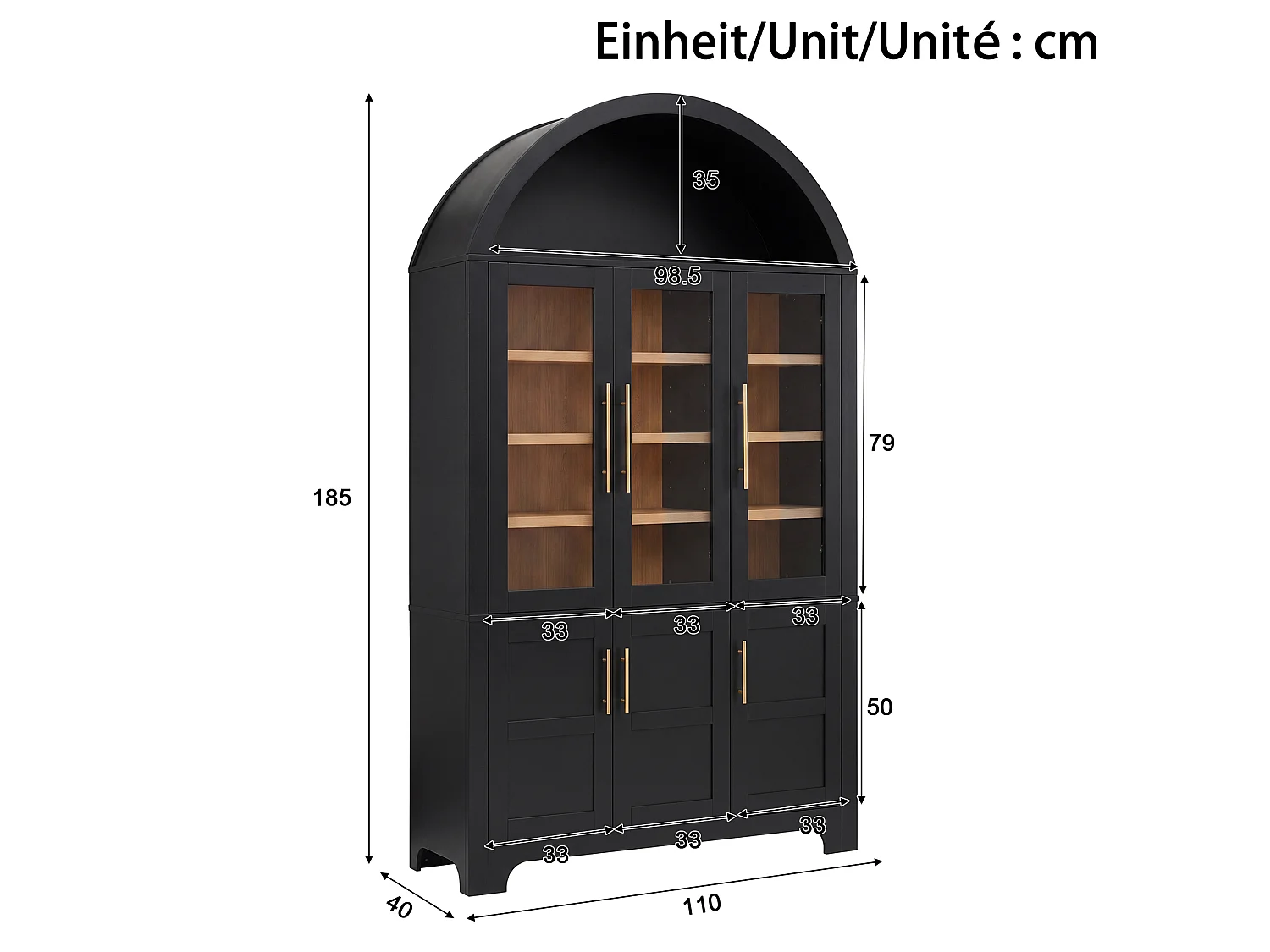 Buffet moderne à arc 110x40x185 cm - 3 portes vitrées , 3 compartiments de rangement et étagères réglables - MDF - Noir