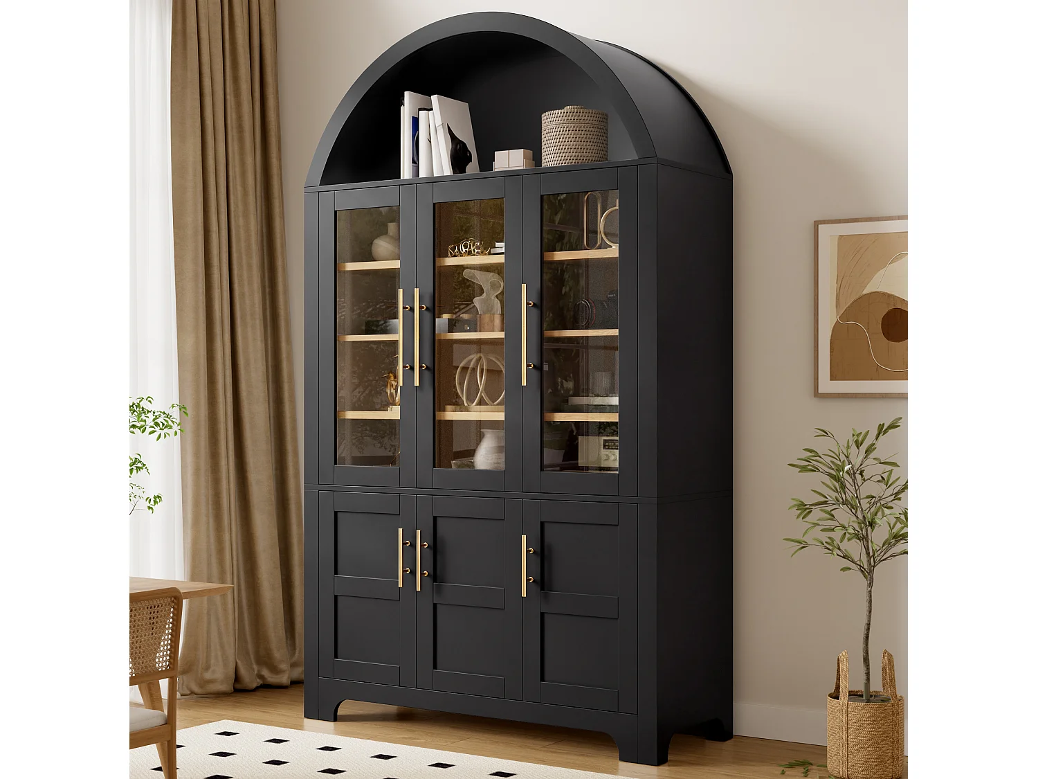 Buffet moderne à arc 110x40x185 cm - 3 portes vitrées , 3 compartiments de rangement et étagères réglables - MDF - Noir
