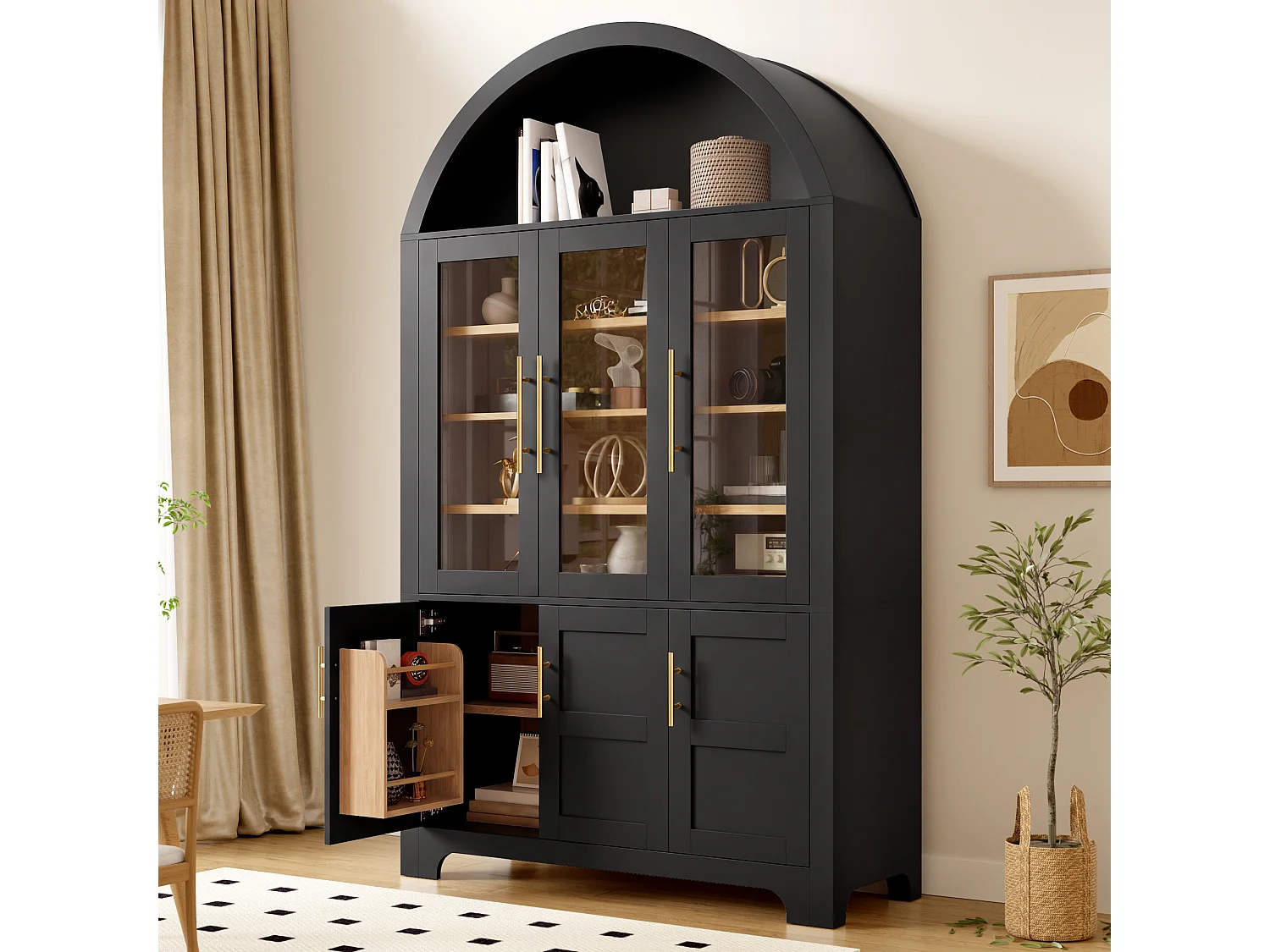Buffet moderne à arc 110x40x185 cm - 3 portes vitrées , 3 compartiments de rangement et étagères réglables - MDF - Noir