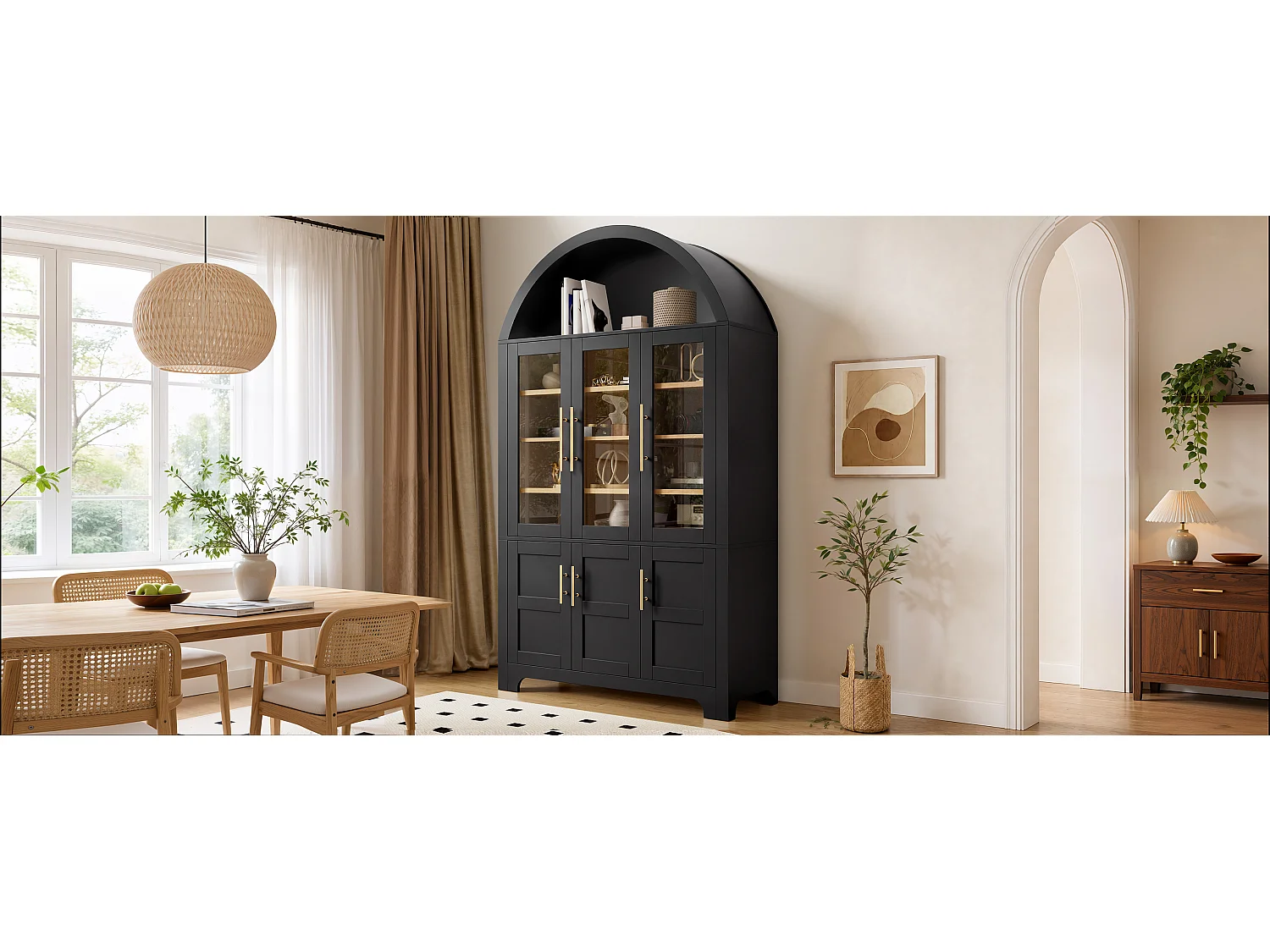 Buffet moderne à arc 110x40x185 cm - 3 portes vitrées , 3 compartiments de rangement et étagères réglables - MDF - Noir