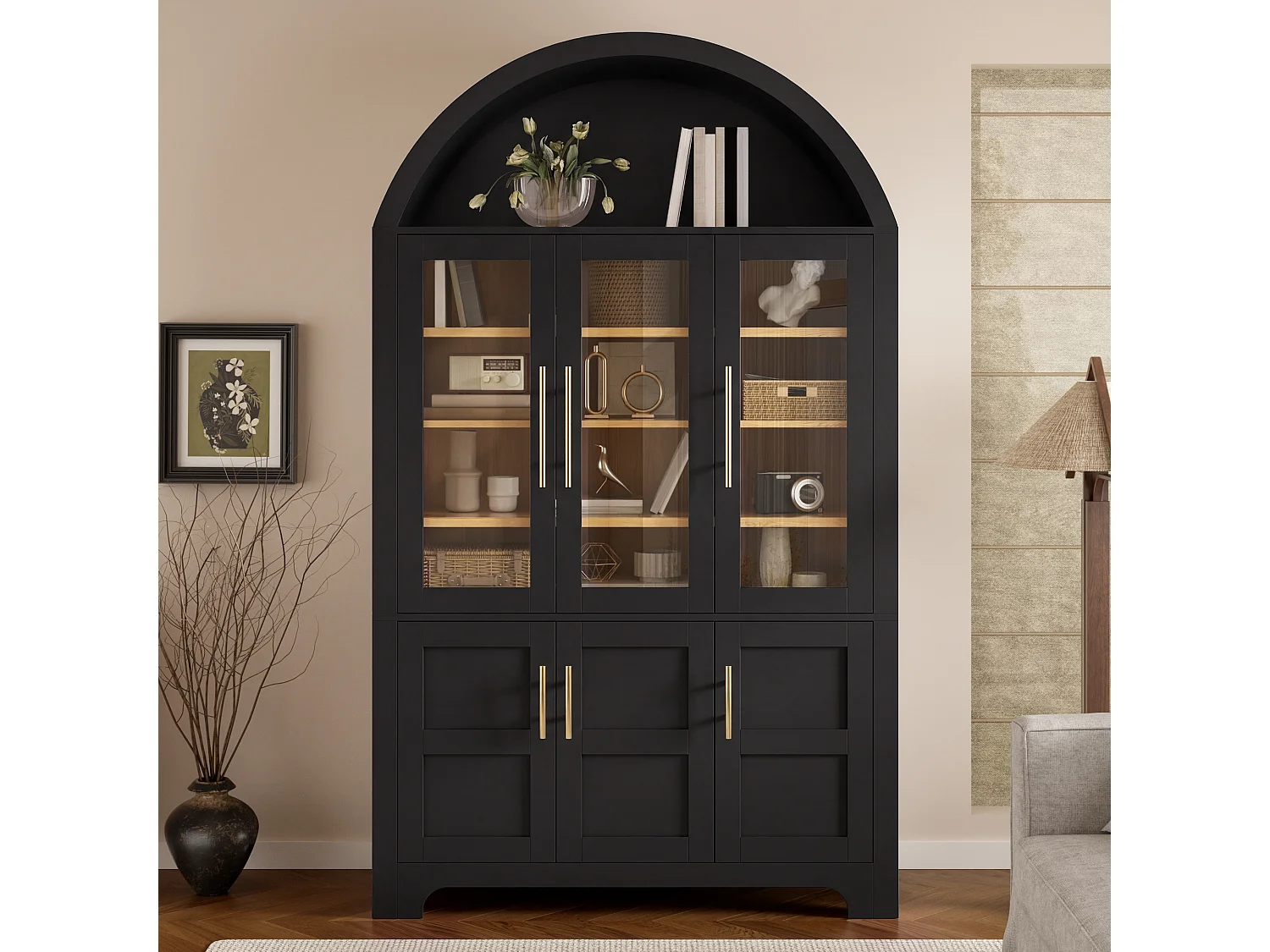 Buffet moderne à arc 110x40x185 cm - 3 portes vitrées , 3 compartiments de rangement et étagères réglables - MDF - Noir
