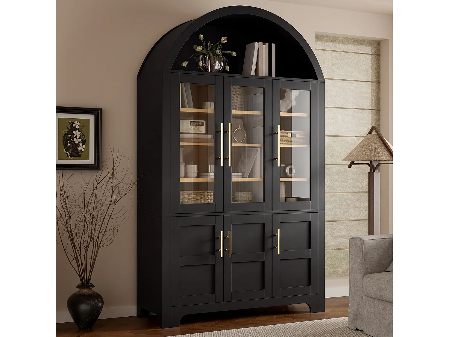 Buffet moderne à arc 110x40x185 cm - 3 portes vitrées , 3 compartiments de rangement et étagères réglables - MDF - Noir