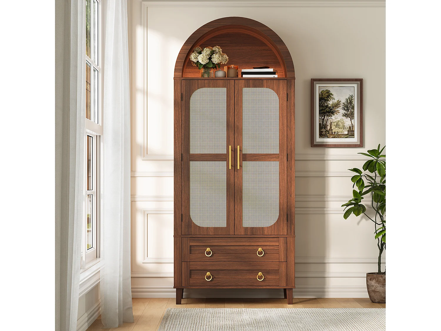 Buffet, armoire haute moderne cintrée - Éclairage LED - 2 portes aspect rotin + étagère de rangement + 2 tiroirs  - MDF - Marron