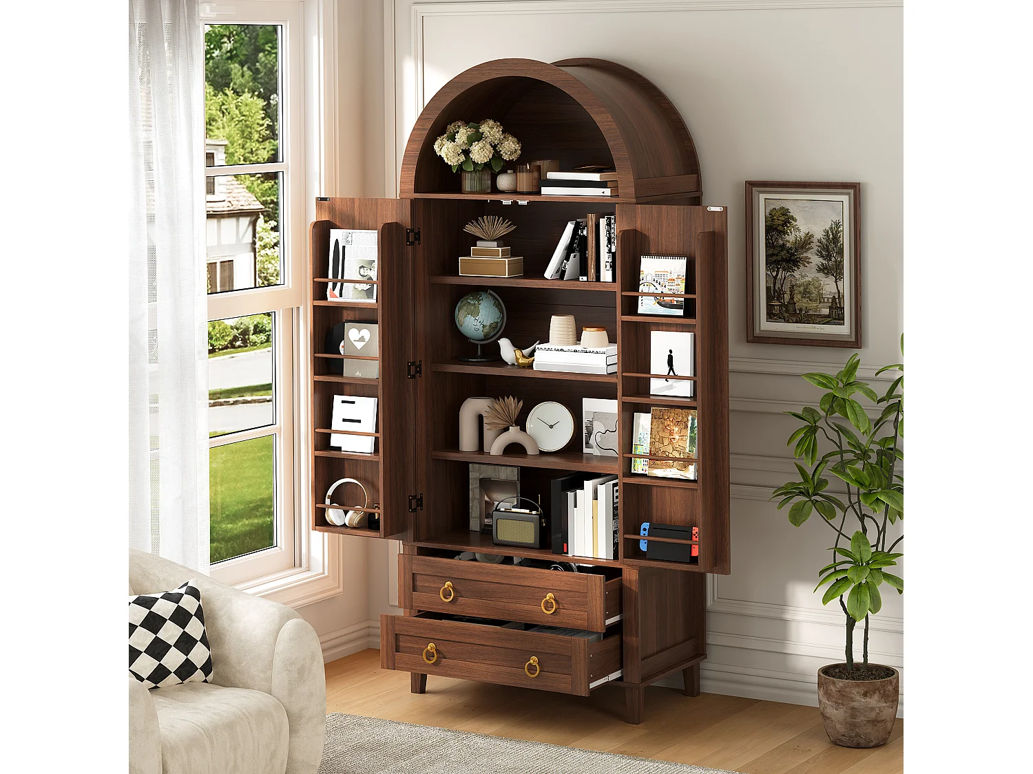 Buffet, armoire haute moderne cintrée - Éclairage LED - 2 portes aspect rotin + étagère de rangement + 2 tiroirs  - MDF - Marron