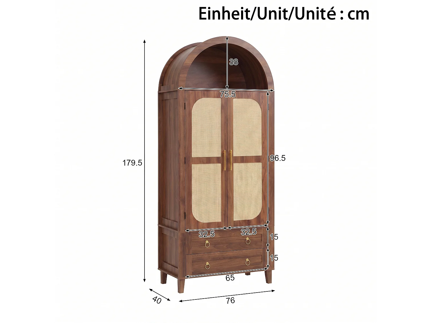 Buffet, armoire haute moderne cintrée - Éclairage LED - 2 portes aspect rotin + étagère de rangement + 2 tiroirs  - MDF - Marron