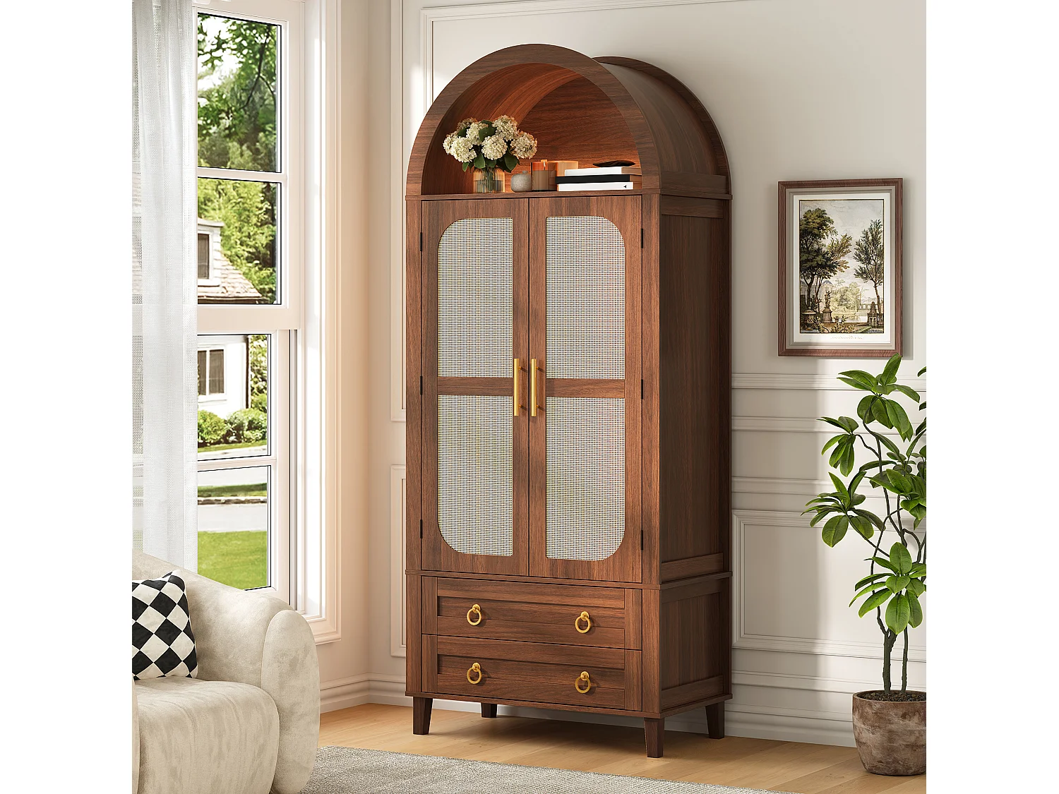 Buffet, armoire haute moderne cintrée - Éclairage LED - 2 portes aspect rotin + étagère de rangement + 2 tiroirs  - MDF - Marron