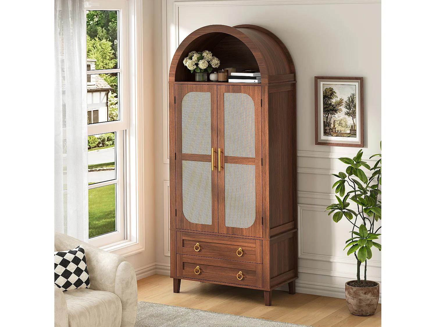Buffet, armoire haute moderne cintrée - Éclairage LED - 2 portes aspect rotin + étagère de rangement + 2 tiroirs  - MDF - Marron