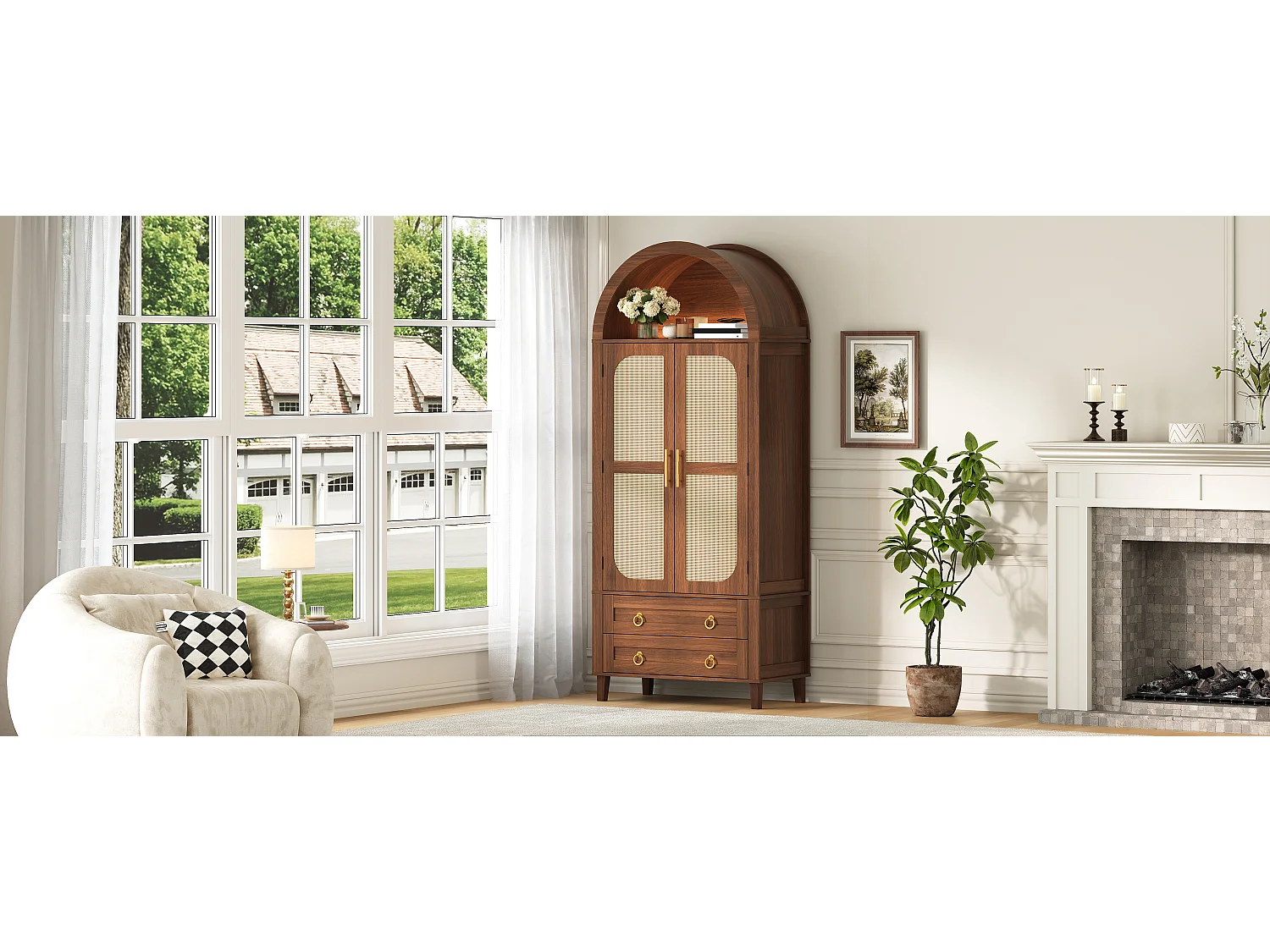 Buffet, armoire haute moderne cintrée - Éclairage LED - 2 portes aspect rotin + étagère de rangement + 2 tiroirs  - MDF - Marron