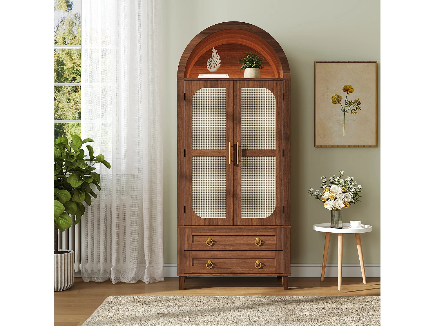 Buffet, armoire haute moderne cintrée - Éclairage LED - 2 portes aspect rotin + étagère de rangement + 2 tiroirs  - MDF - Marron