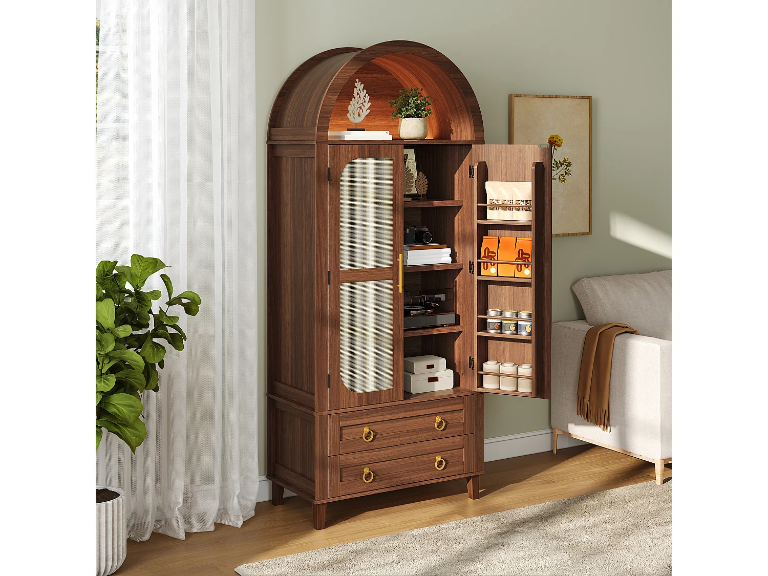 Buffet, armoire haute moderne cintrée - Éclairage LED - 2 portes aspect rotin + étagère de rangement + 2 tiroirs  - MDF - Marron