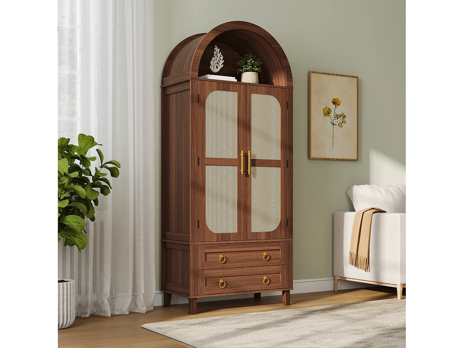 Buffet, armoire haute moderne cintrée - Éclairage LED - 2 portes aspect rotin + étagère de rangement + 2 tiroirs  - MDF - Marron