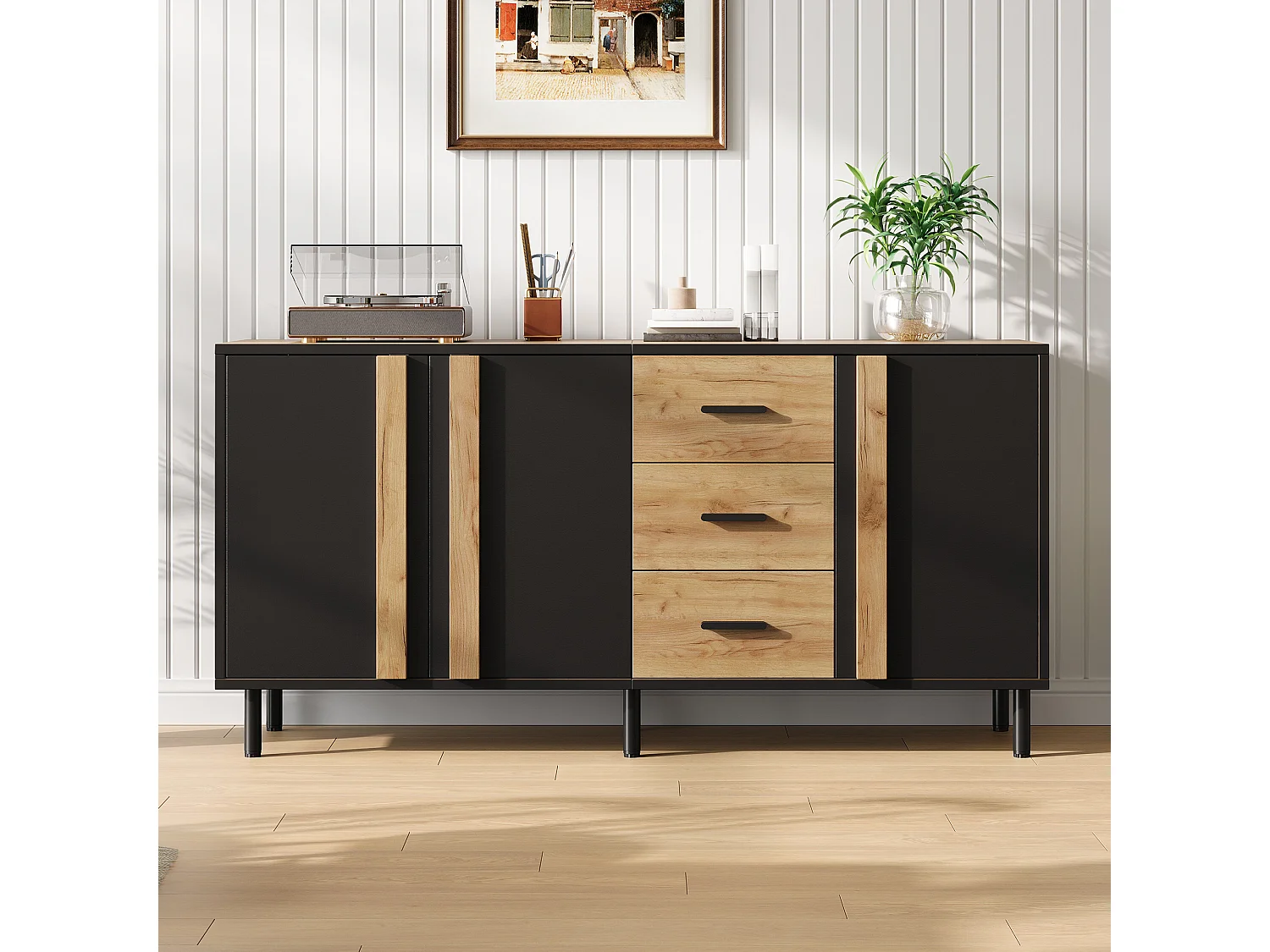 Moderne buffet 140 x 35 x 70 cm - 3 døre og 3 skuffer - 6 robuste metalben - MDF - Sort og natur
