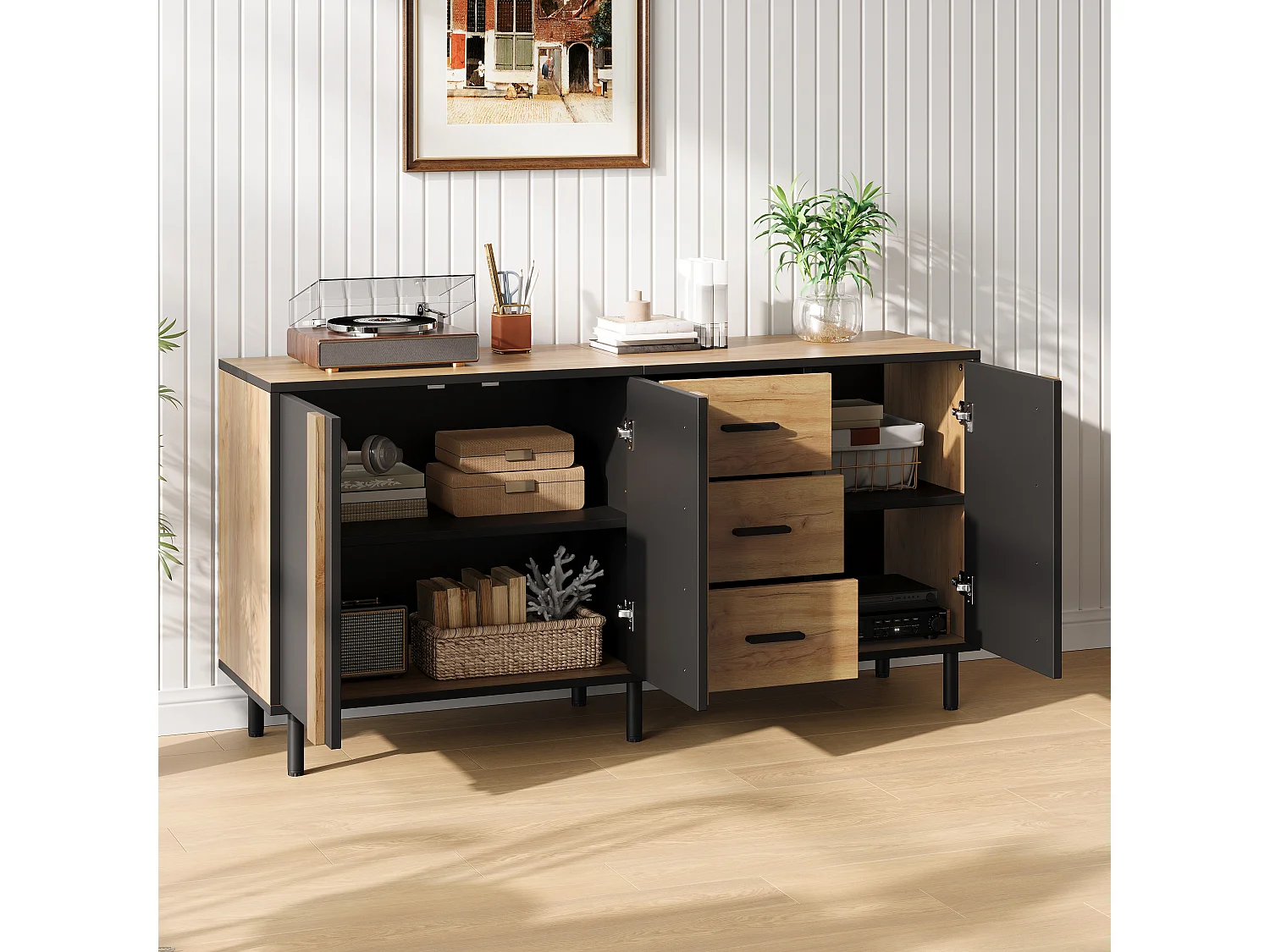 Moderne buffet 140 x 35 x 70 cm - 3 døre og 3 skuffer - 6 robuste metalben - MDF - Sort og natur