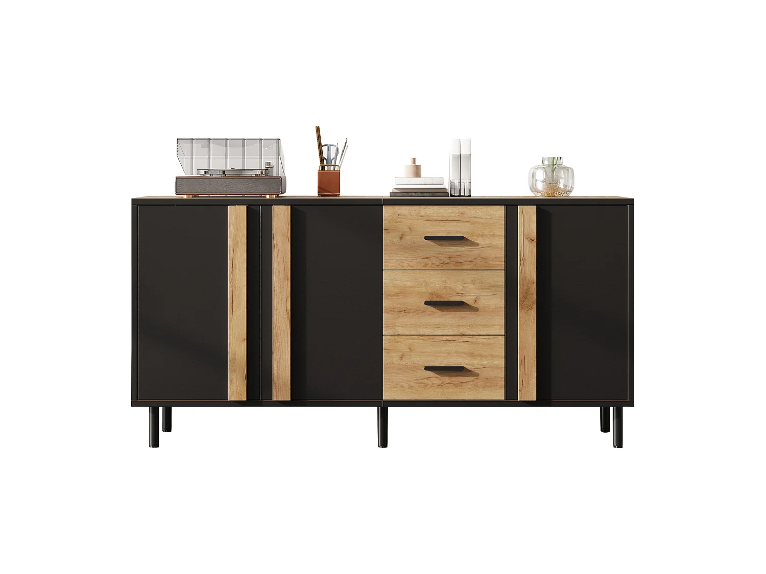 Moderne buffet 140 x 35 x 70 cm - 3 døre og 3 skuffer - 6 robuste metalben - MDF - Sort og natur