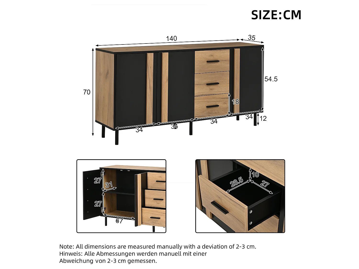 Moderne buffet 140 x 35 x 70 cm - 3 døre og 3 skuffer - 6 robuste metalben - MDF - Sort og natur
