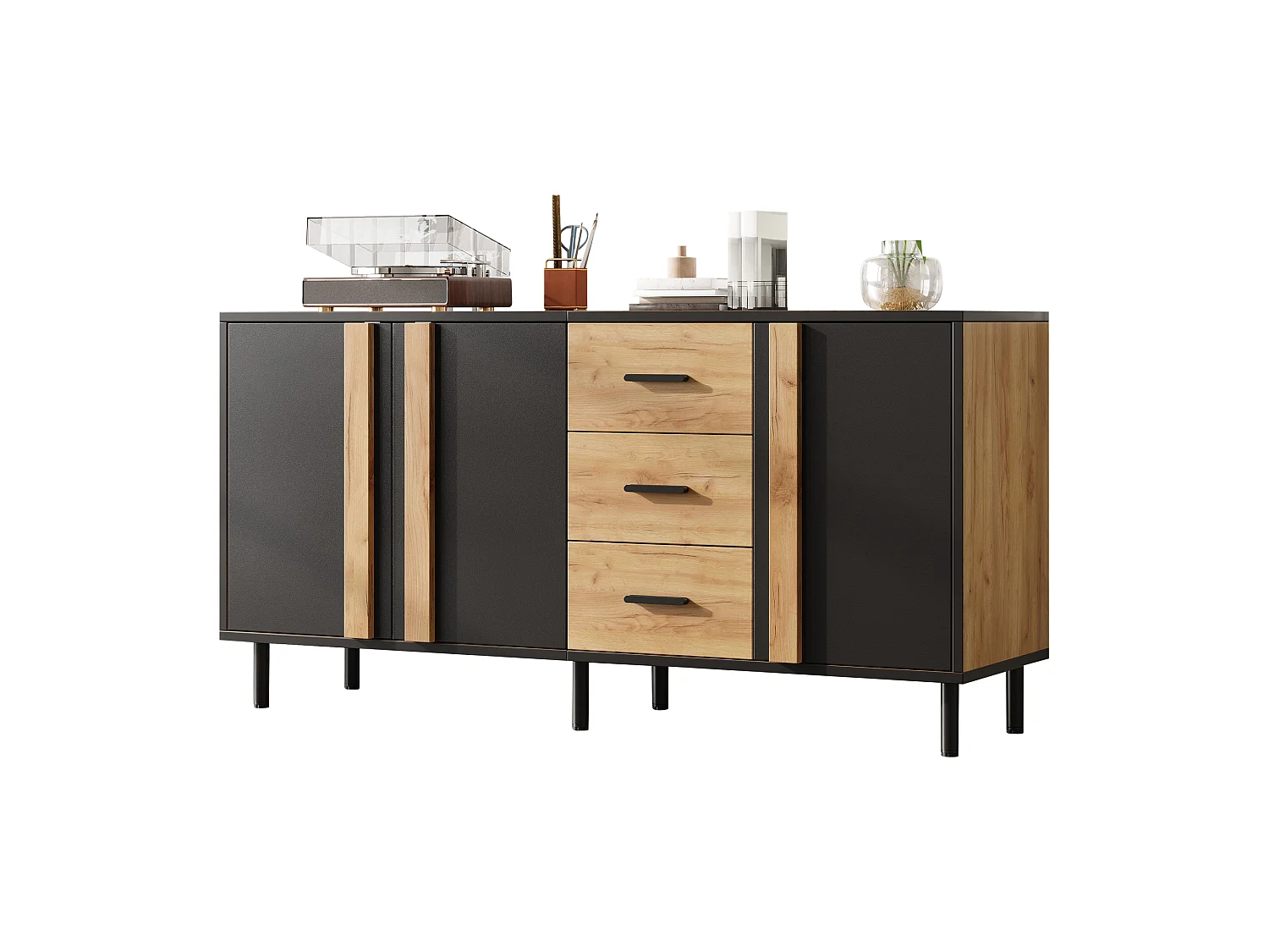 Moderne buffet 140 x 35 x 70 cm - 3 døre og 3 skuffer - 6 robuste metalben - MDF - Sort og natur