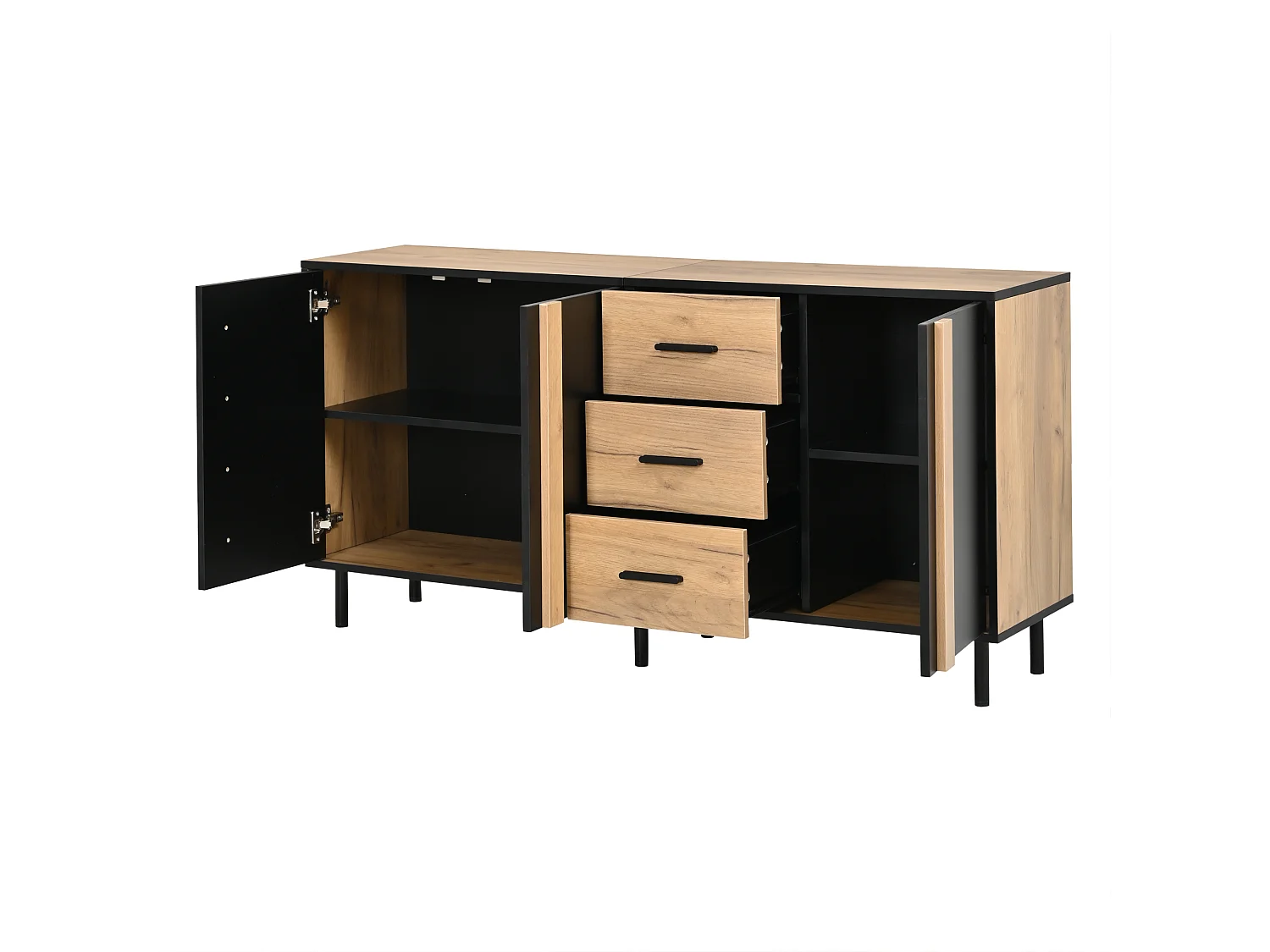 Moderne buffet 140 x 35 x 70 cm - 3 døre og 3 skuffer - 6 robuste metalben - MDF - Sort og natur