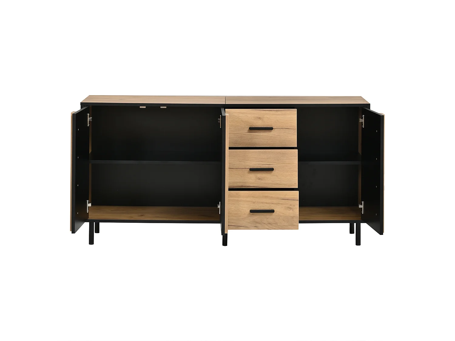 Moderne buffet 140 x 35 x 70 cm - 3 døre og 3 skuffer - 6 robuste metalben - MDF - Sort og natur