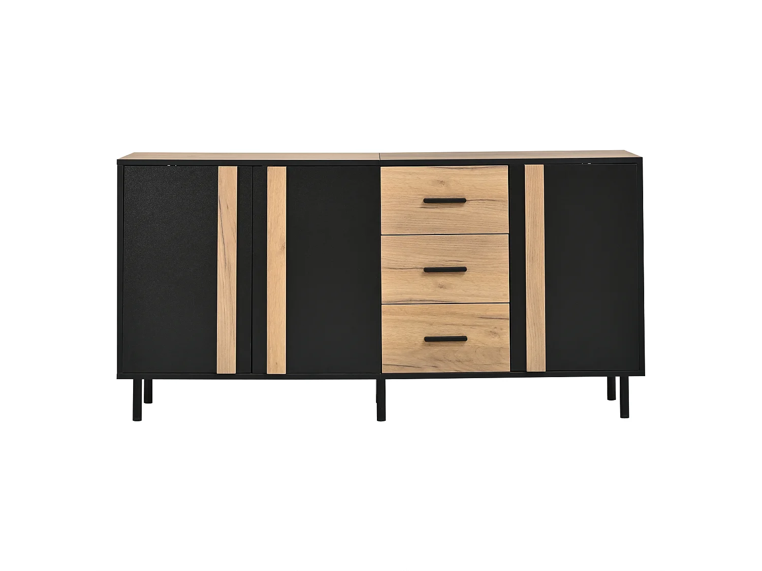 Moderne buffet 140 x 35 x 70 cm - 3 døre og 3 skuffer - 6 robuste metalben - MDF - Sort og natur
