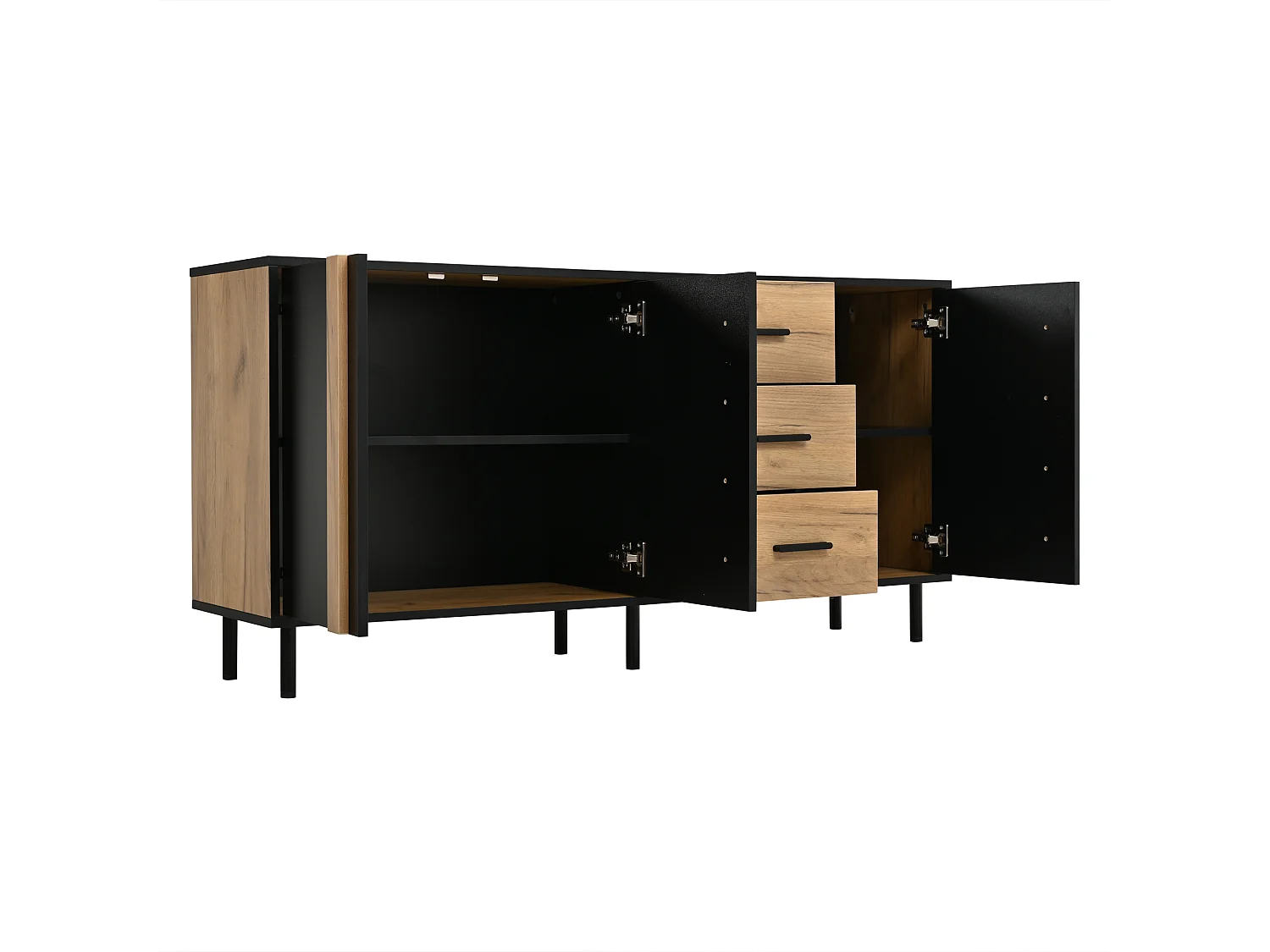 Moderne buffet 140 x 35 x 70 cm - 3 døre og 3 skuffer - 6 robuste metalben - MDF - Sort og natur