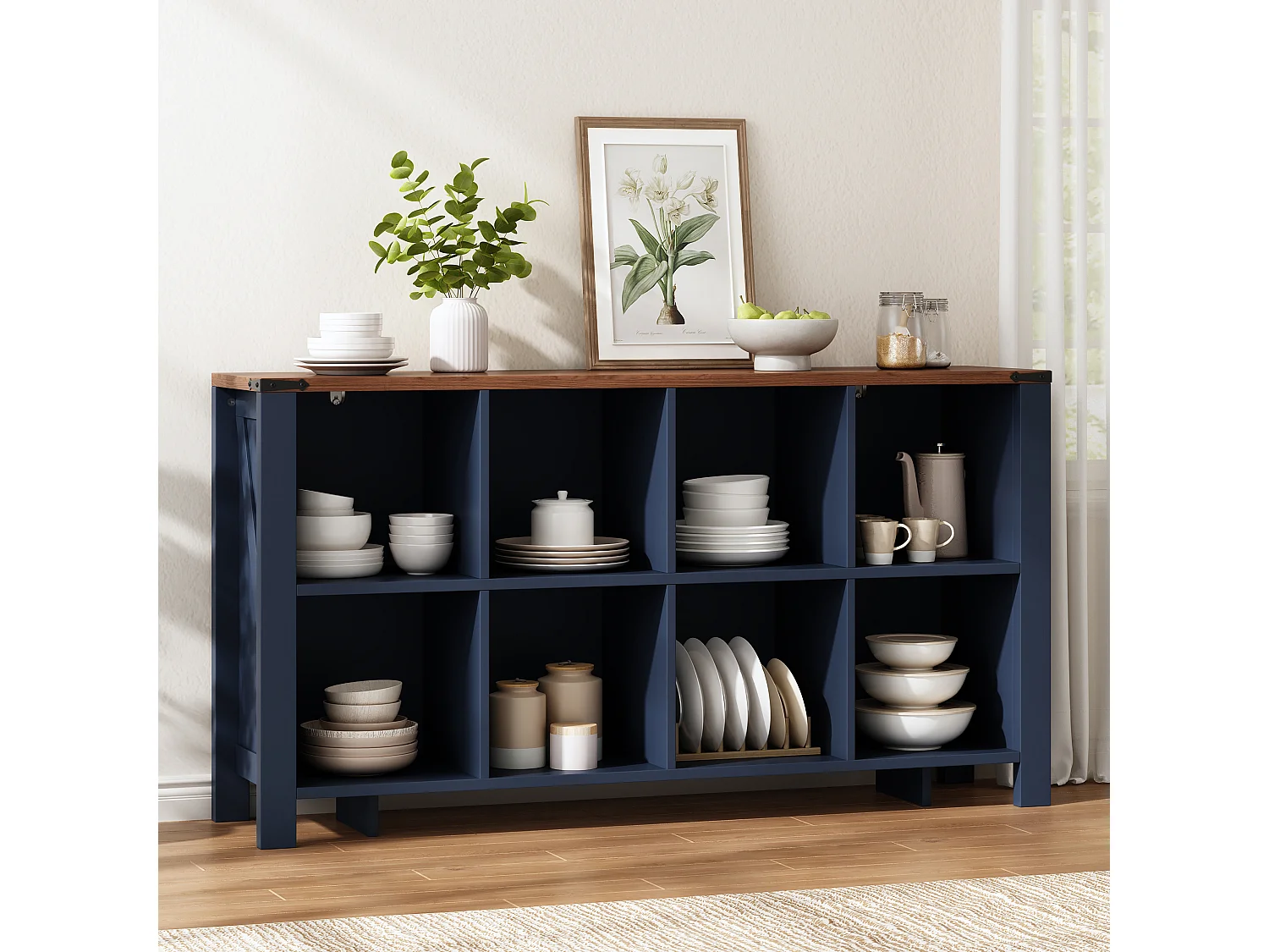 Credenza da Soggiorno 140cm - Credenza Bassa con 8 Scomparti Aperti con Dispositivo Anti-Ribaltamento - Stile Moderno - Blu e Legno