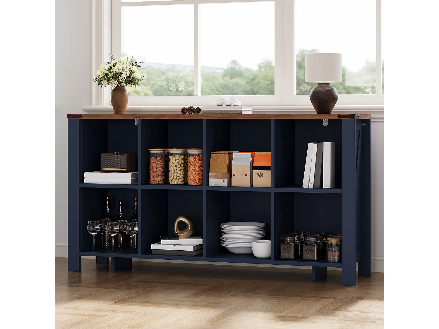 Credenza da Soggiorno 140cm - Credenza Bassa con 8 Scomparti Aperti con Dispositivo Anti-Ribaltamento - Stile Moderno - Blu e Legno