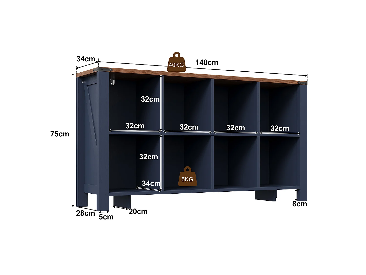 Credenza da Soggiorno 140cm - Credenza Bassa con 8 Scomparti Aperti con Dispositivo Anti-Ribaltamento - Stile Moderno - Blu e Legno