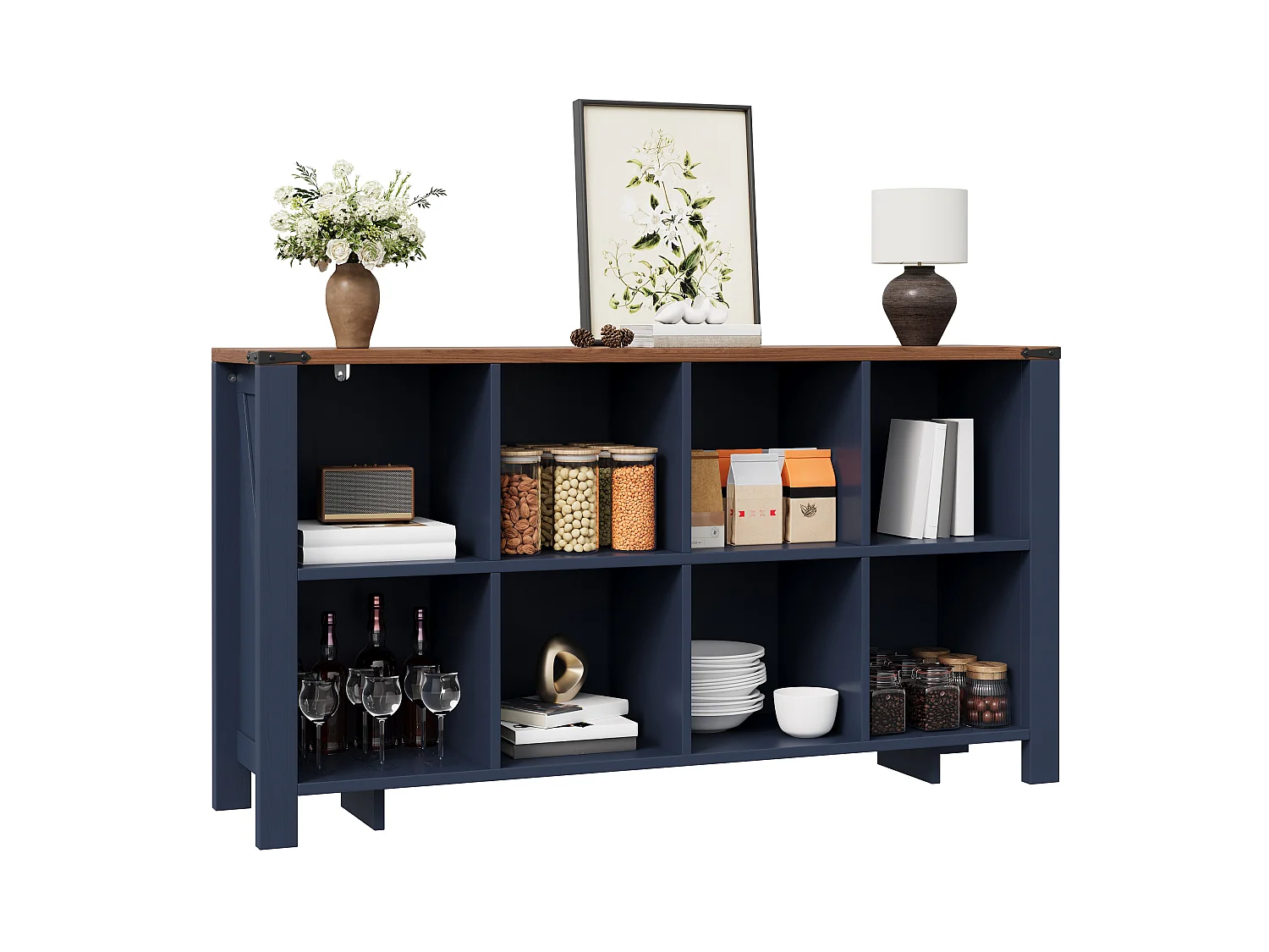Credenza da Soggiorno 140cm - Credenza Bassa con 8 Scomparti Aperti con Dispositivo Anti-Ribaltamento - Stile Moderno - Blu e Legno