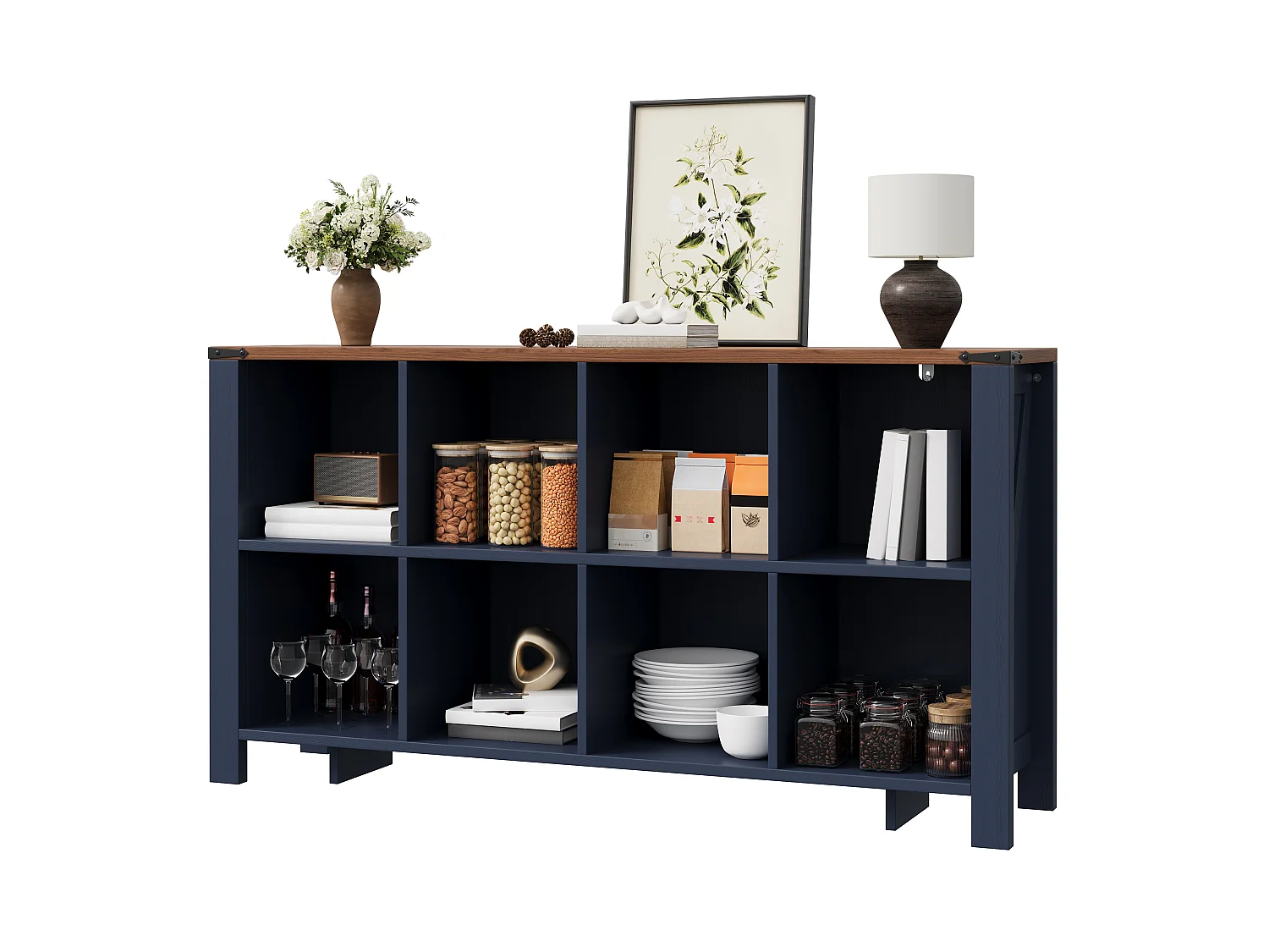 Credenza da Soggiorno 140cm - Credenza Bassa con 8 Scomparti Aperti con Dispositivo Anti-Ribaltamento - Stile Moderno - Blu e Legno