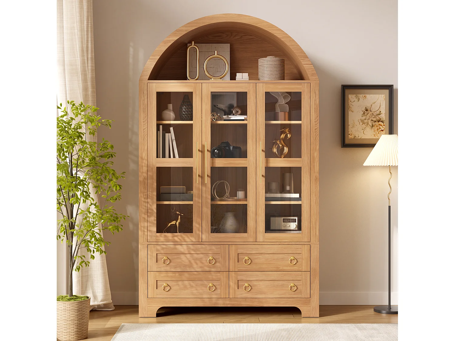 Moderne buffetkast 110x40x185 cm - 3 deuren, 4 laden en open gebogen planken - Spaanplaat + MDF - Natuurlijk