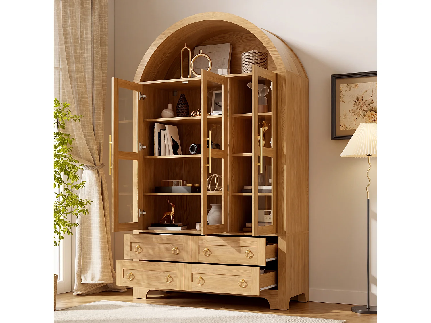 Moderne buffetkast 110x40x185 cm - 3 deuren, 4 laden en open gebogen planken - Spaanplaat + MDF - Natuurlijk