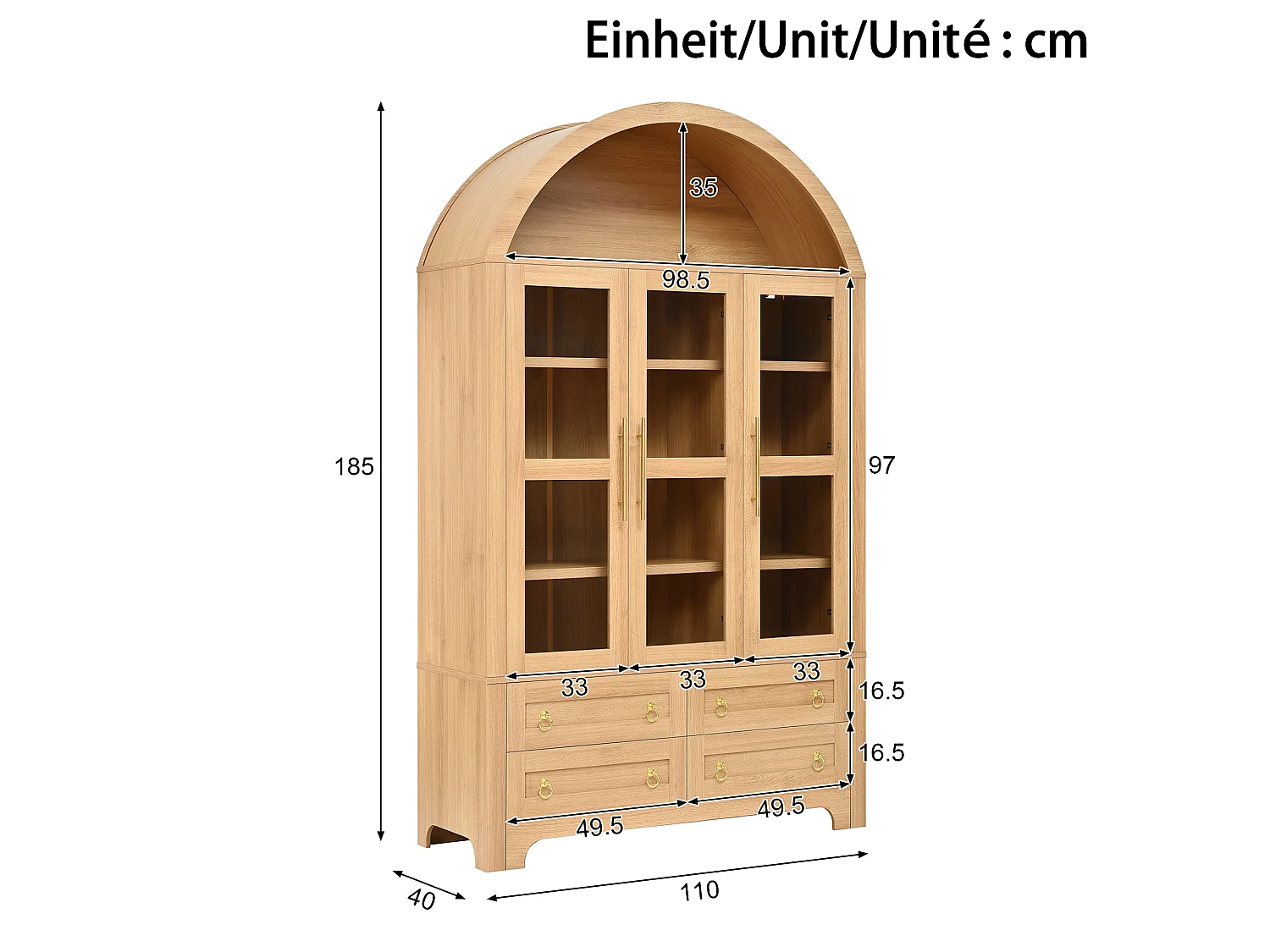 Moderne buffetkast 110x40x185 cm - 3 deuren, 4 laden en open gebogen planken - Spaanplaat + MDF - Natuurlijk