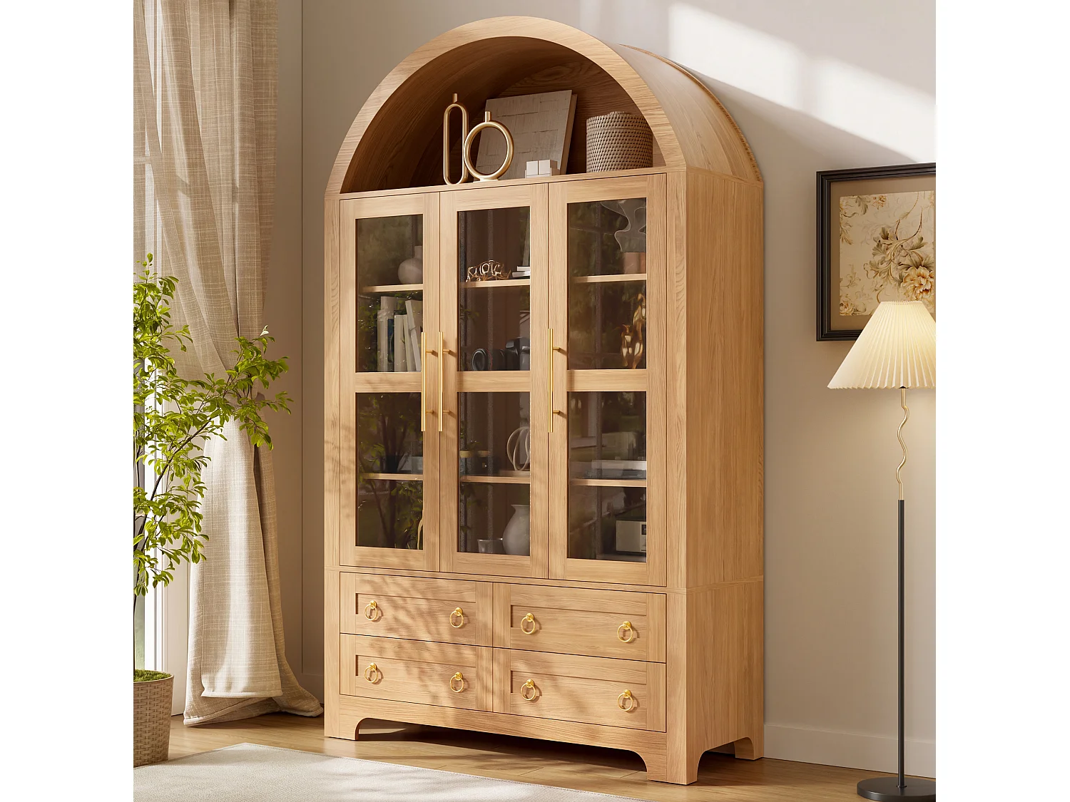 Moderne buffetkast 110x40x185 cm - 3 deuren, 4 laden en open gebogen planken - Spaanplaat + MDF - Natuurlijk