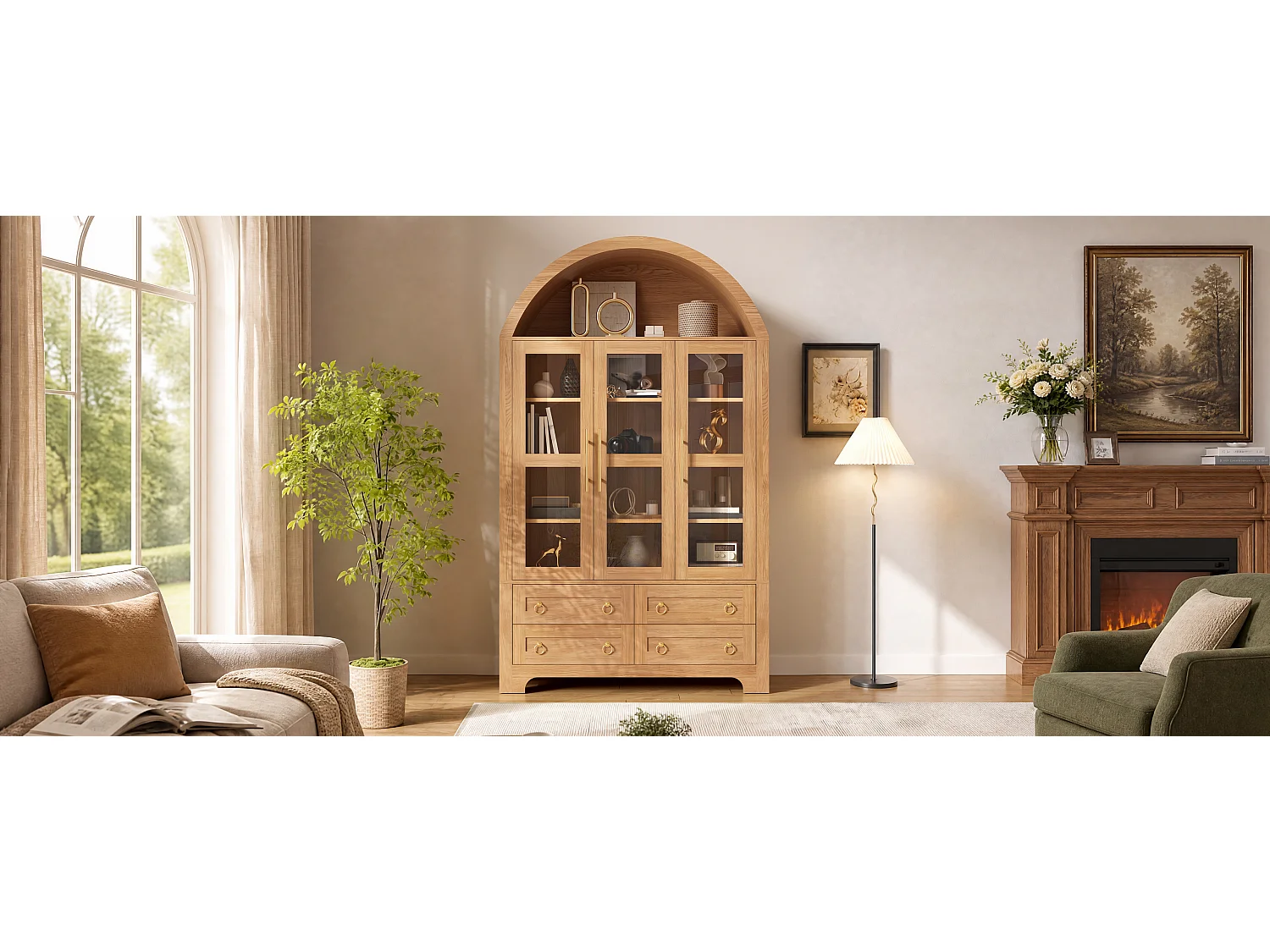 Moderne buffetkast 110x40x185 cm - 3 deuren, 4 laden en open gebogen planken - Spaanplaat + MDF - Natuurlijk