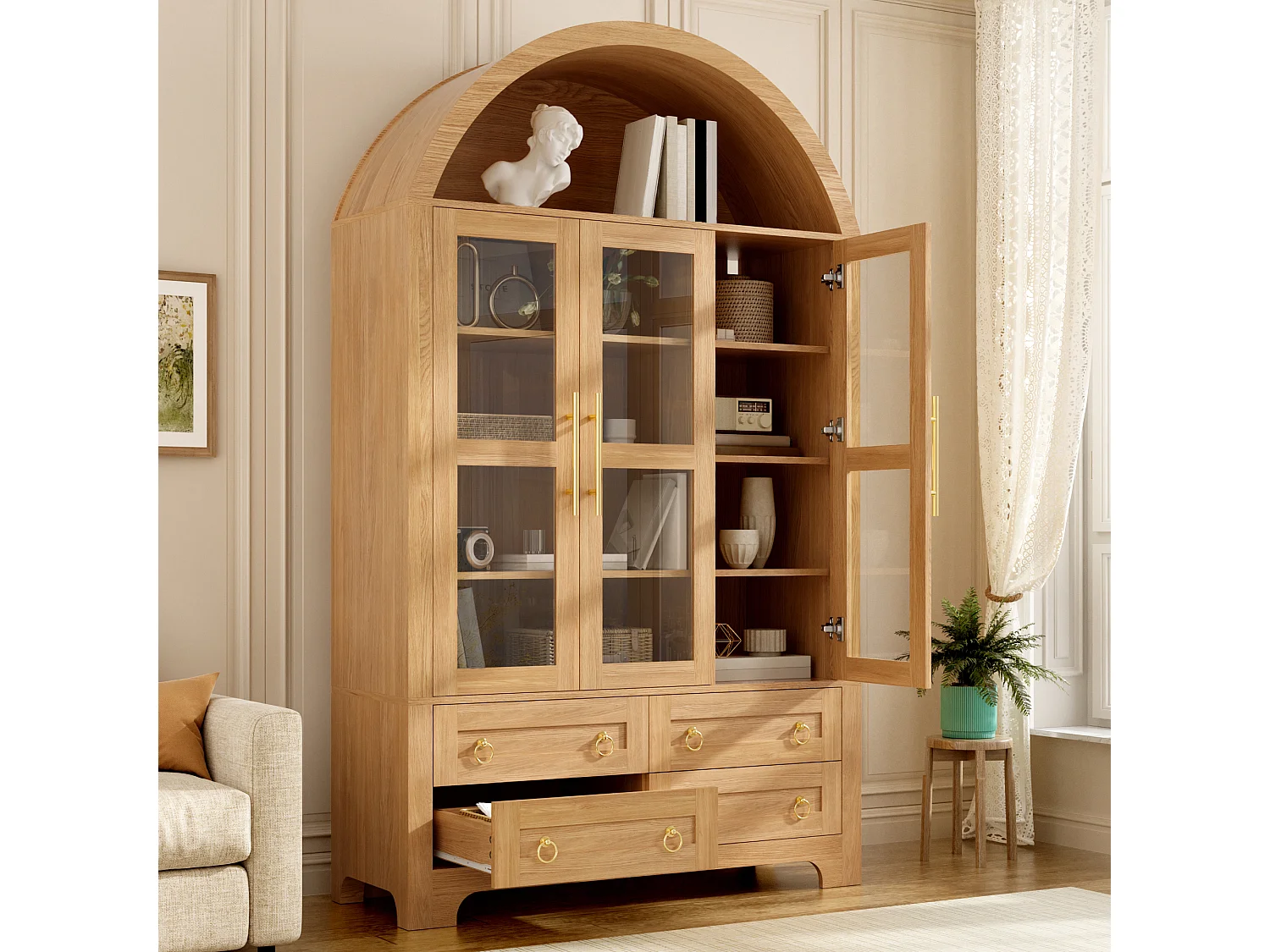 Moderne buffetkast 110x40x185 cm - 3 deuren, 4 laden en open gebogen planken - Spaanplaat + MDF - Natuurlijk