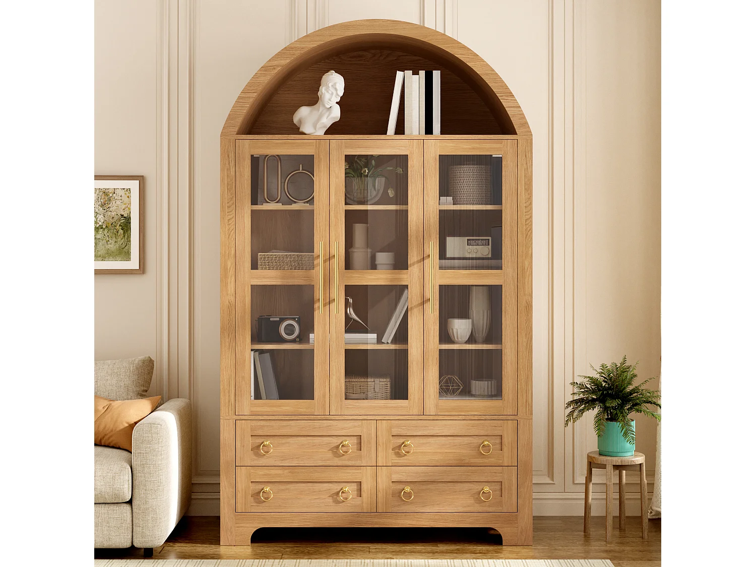Moderne buffetkast 110x40x185 cm - 3 deuren, 4 laden en open gebogen planken - Spaanplaat + MDF - Natuurlijk