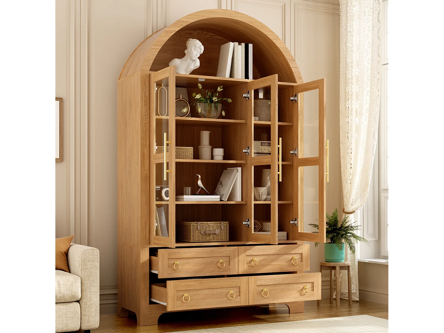 Moderne buffetkast 110x40x185 cm - 3 deuren, 4 laden en open gebogen planken - Spaanplaat + MDF - Natuurlijk