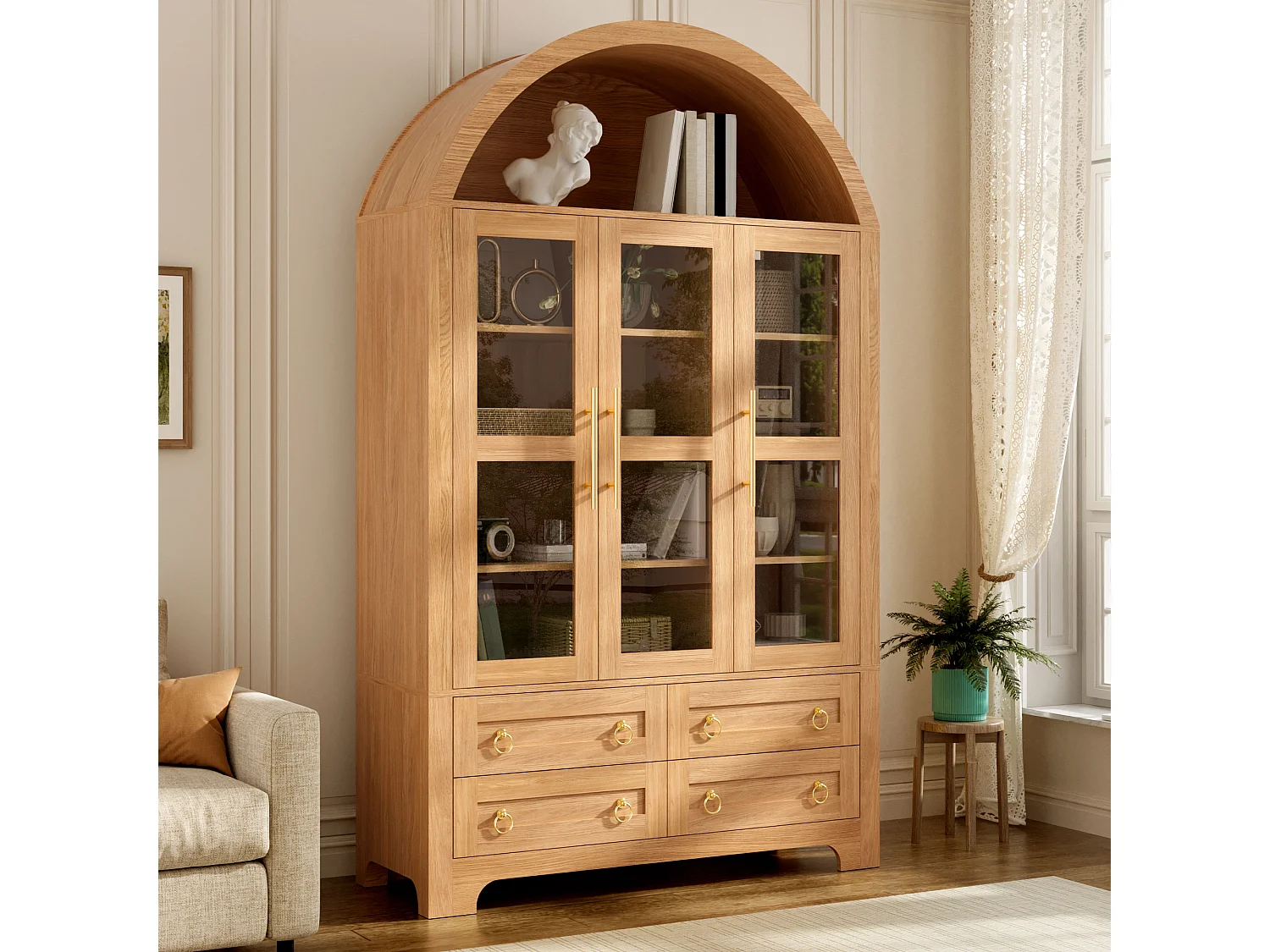 Moderne buffetkast 110x40x185 cm - 3 deuren, 4 laden en open gebogen planken - Spaanplaat + MDF - Natuurlijk