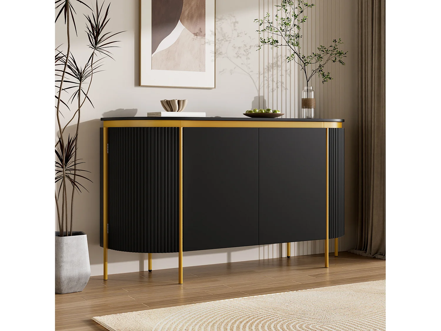 Modern oval buffet 140 x 38 x 80 cm - Iron legs - 4 doors - Rounded corners - Cable management - MDF - Black