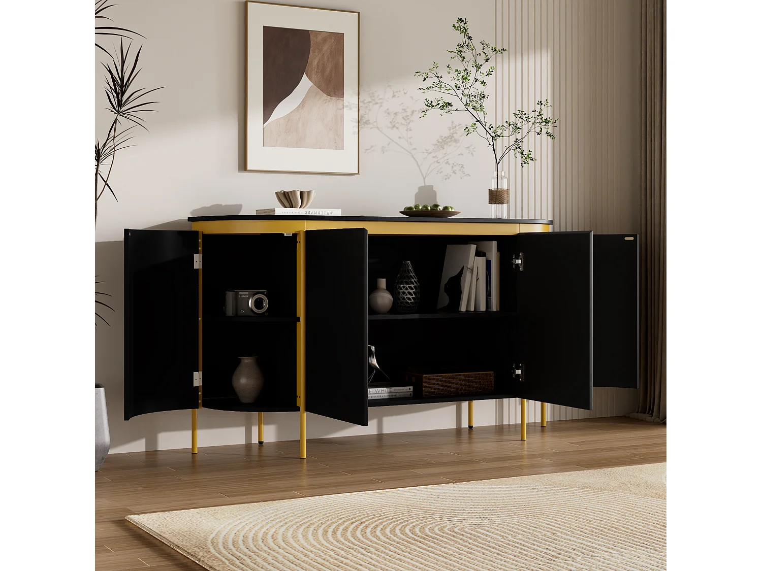 Modern oval buffet 140 x 38 x 80 cm - Iron legs - 4 doors - Rounded corners - Cable management - MDF - Black