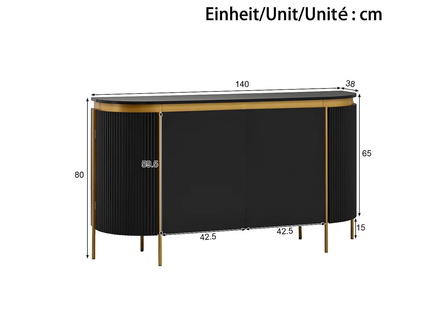 Modern oval buffet 140 x 38 x 80 cm - Iron legs - 4 doors - Rounded corners - Cable management - MDF - Black