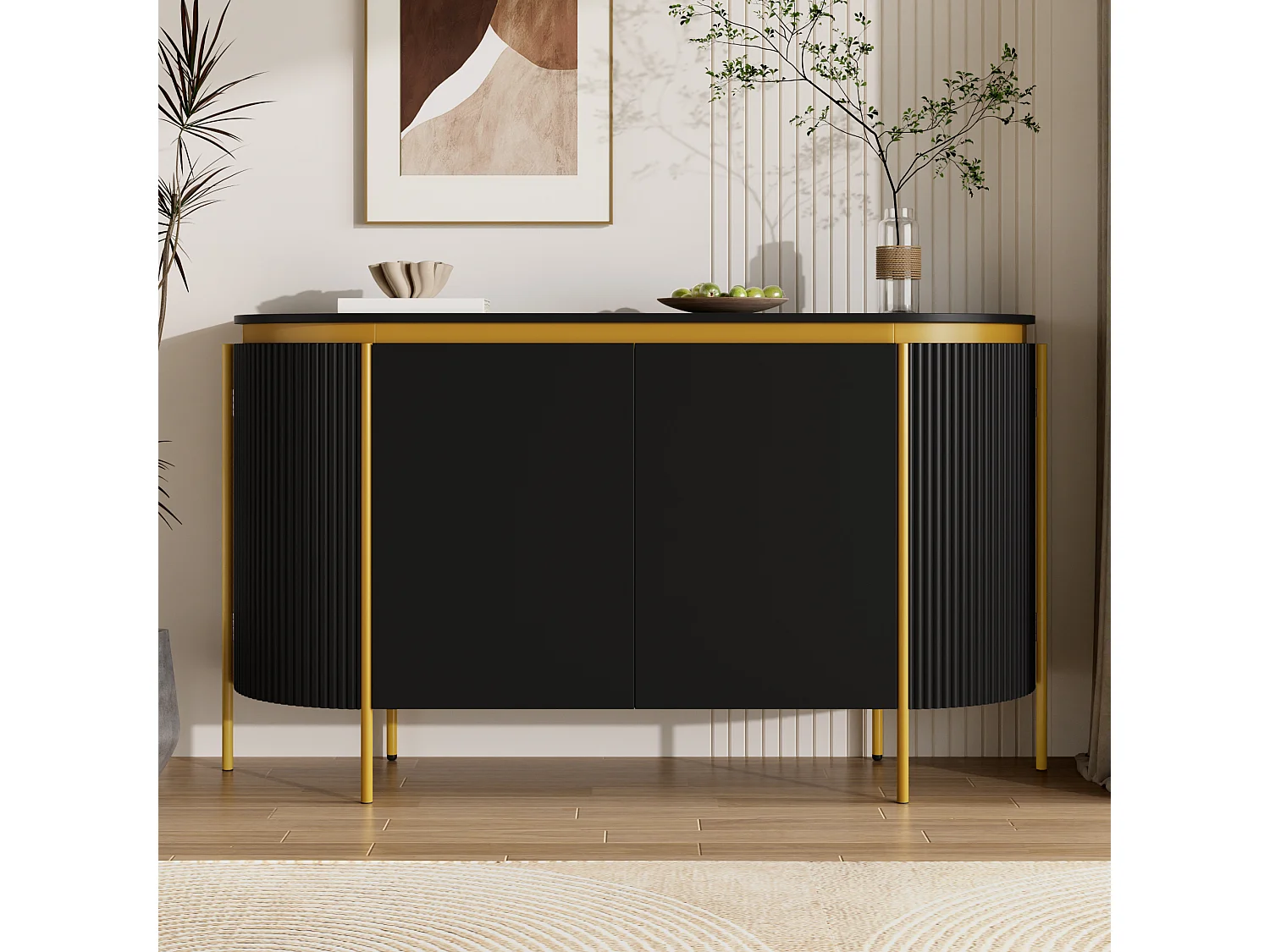 Modern oval buffet 140 x 38 x 80 cm - Iron legs - 4 doors - Rounded corners - Cable management - MDF - Black