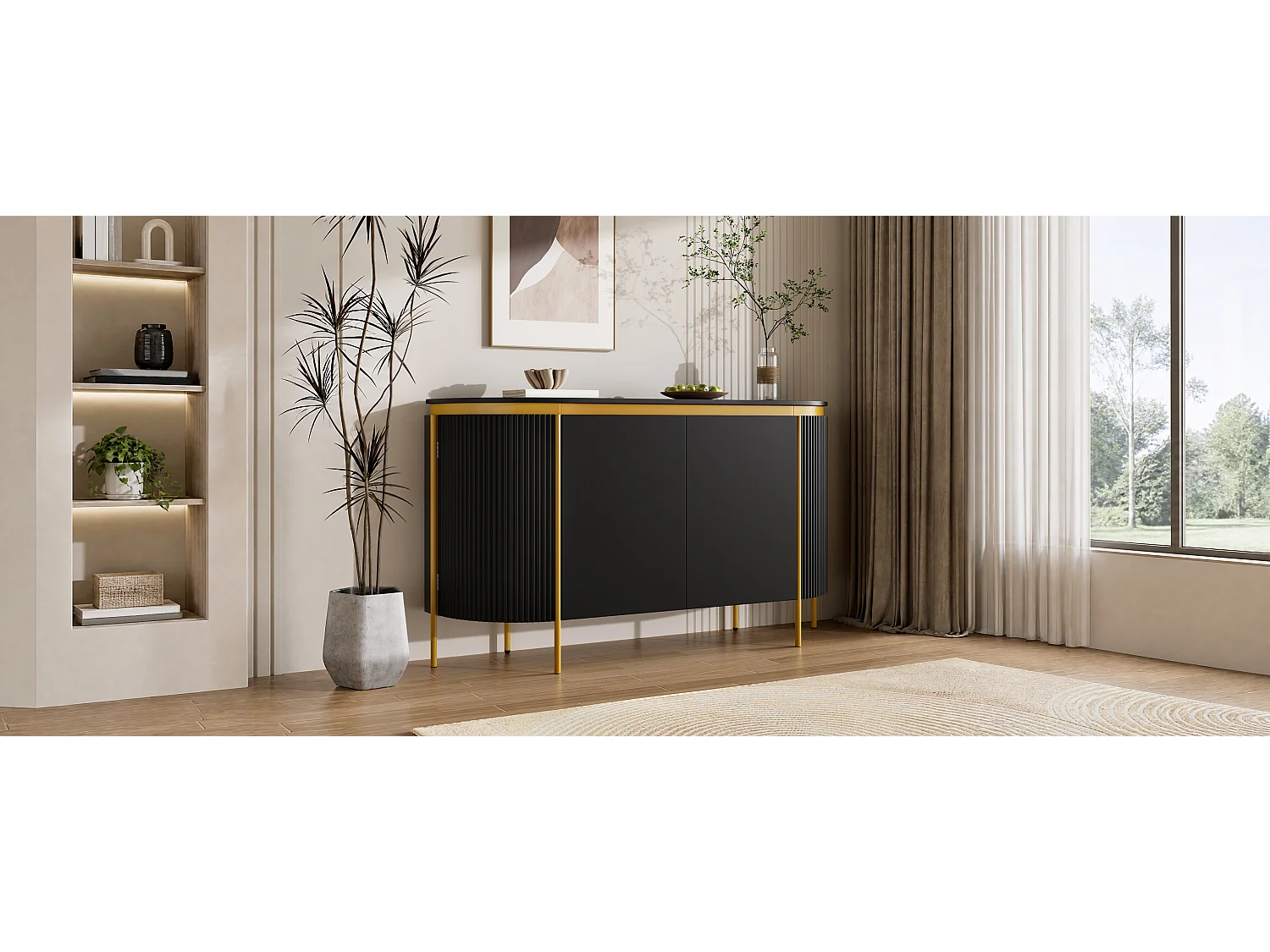 Modern oval buffet 140 x 38 x 80 cm - Iron legs - 4 doors - Rounded corners - Cable management - MDF - Black