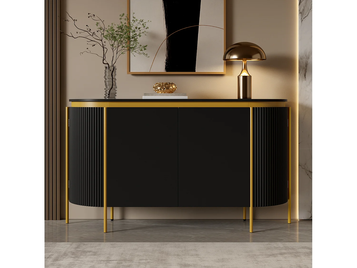 Modern oval buffet 140 x 38 x 80 cm - Iron legs - 4 doors - Rounded corners - Cable management - MDF - Black