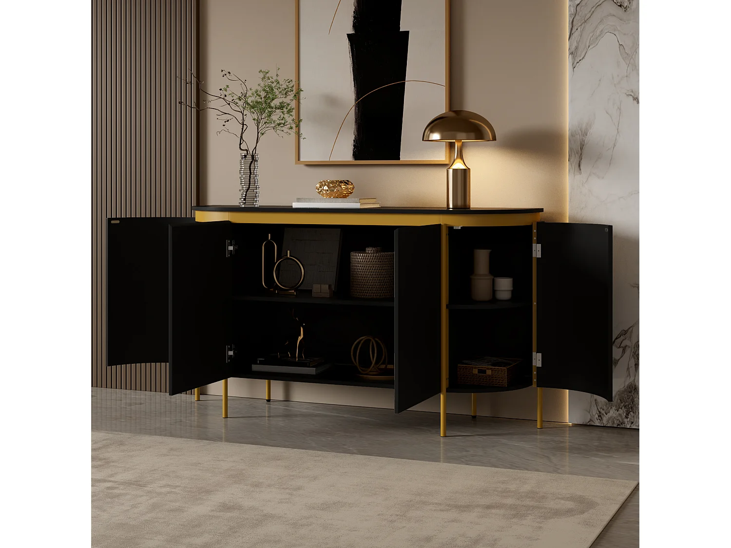 Modern oval buffet 140 x 38 x 80 cm - Iron legs - 4 doors - Rounded corners - Cable management - MDF - Black
