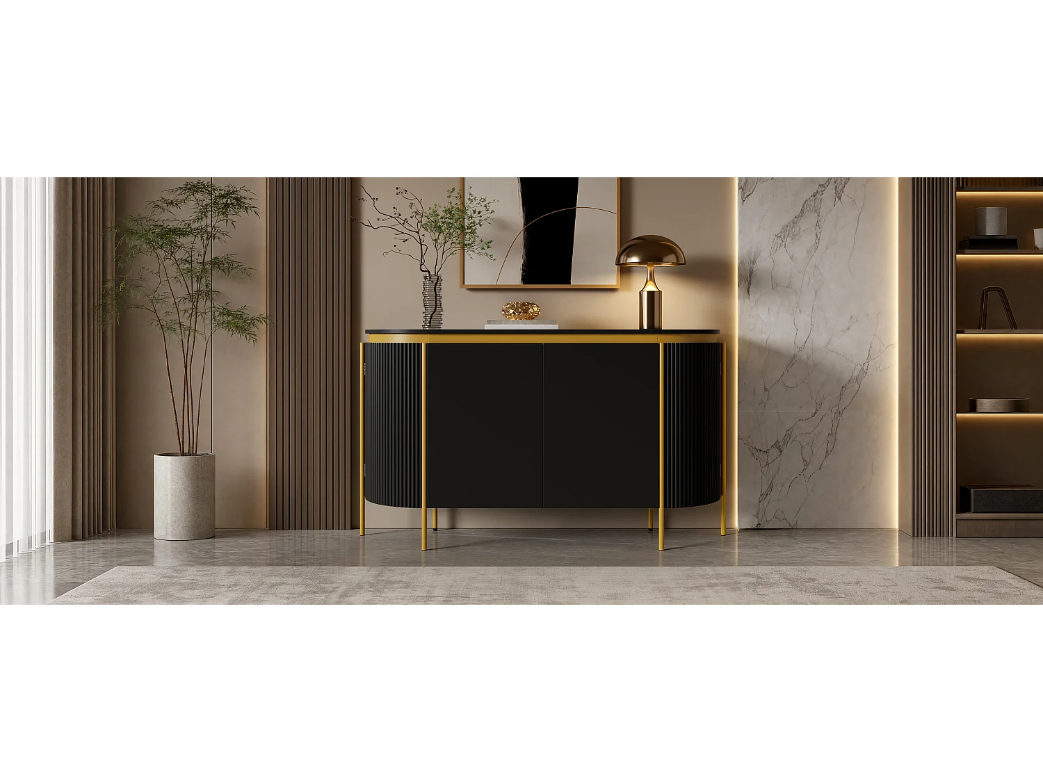 Modern oval buffet 140 x 38 x 80 cm - Iron legs - 4 doors - Rounded corners - Cable management - MDF - Black